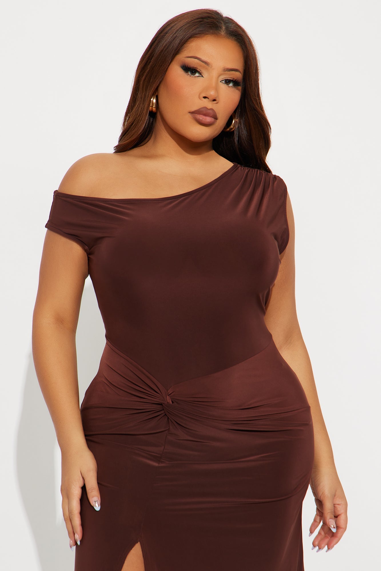 Azari One Shoulder Midi Dress - Brown