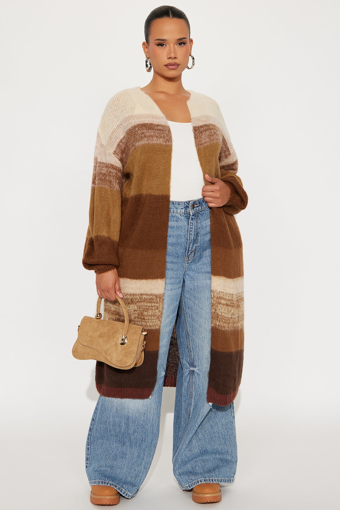 Lennon Color Block Long Cardigan - Brown/combo