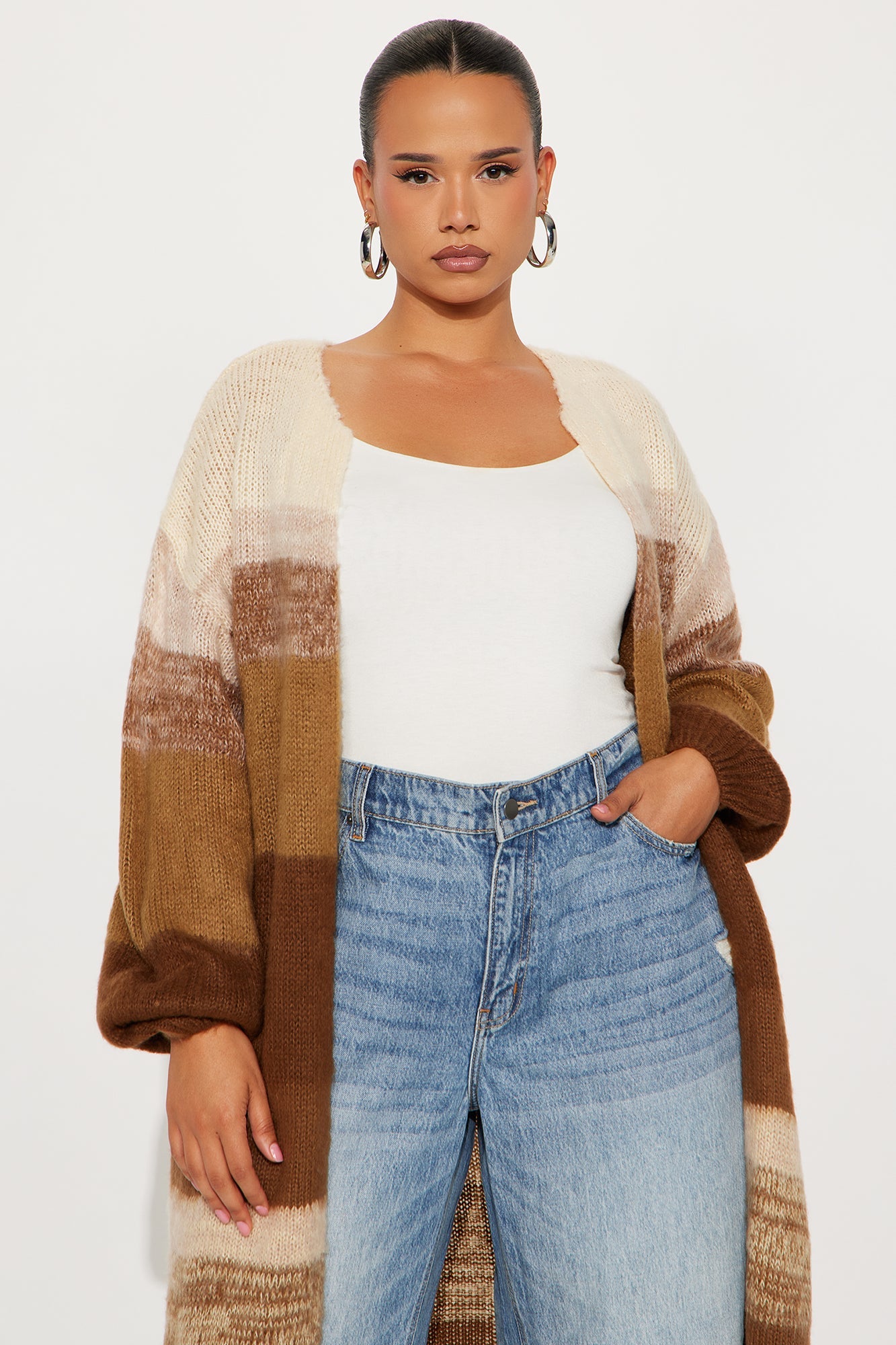 Lennon Color Block Long Cardigan - Brown/combo