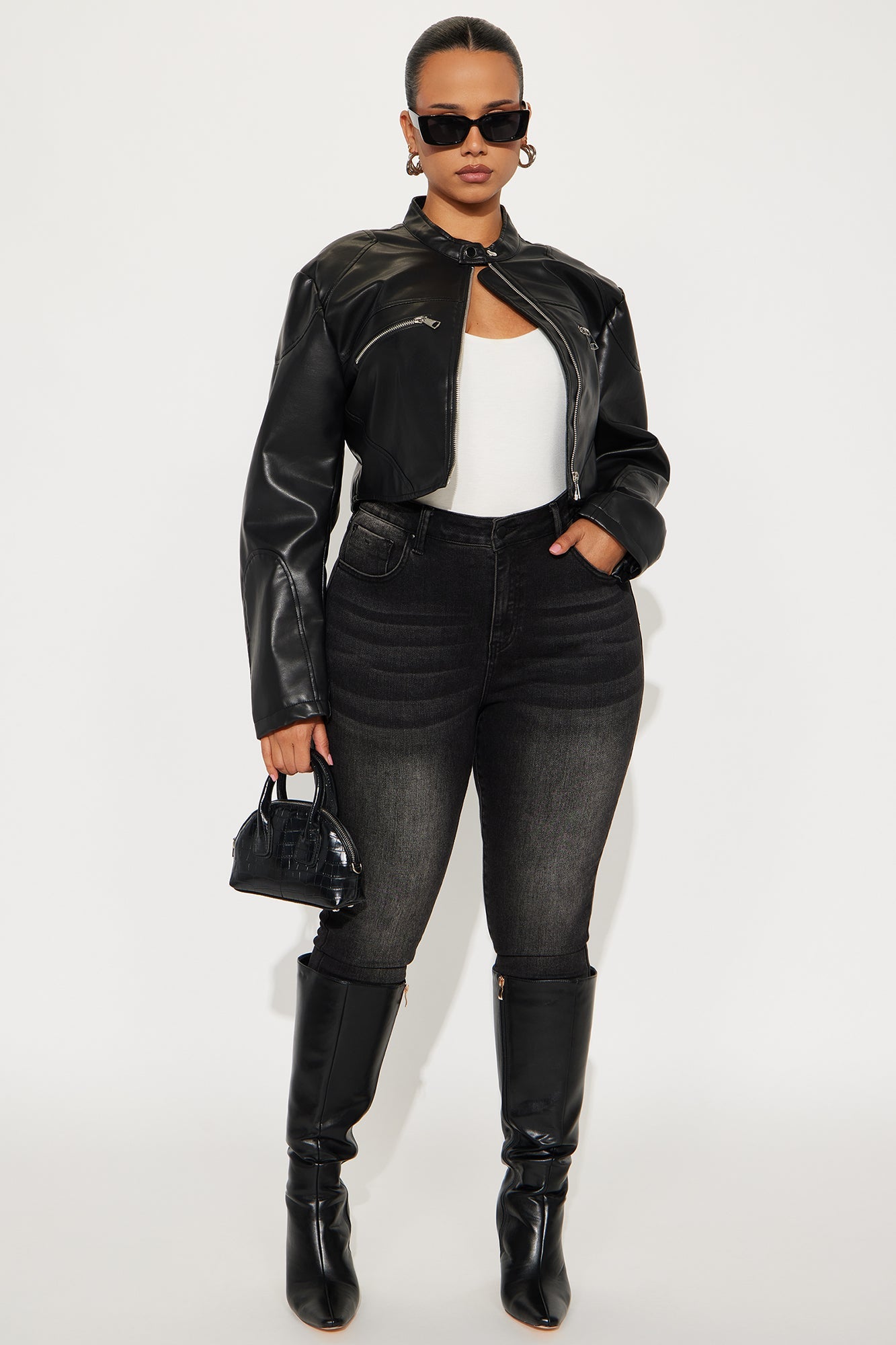 Mina Cropped Faux Leather Moto Jacket - Black