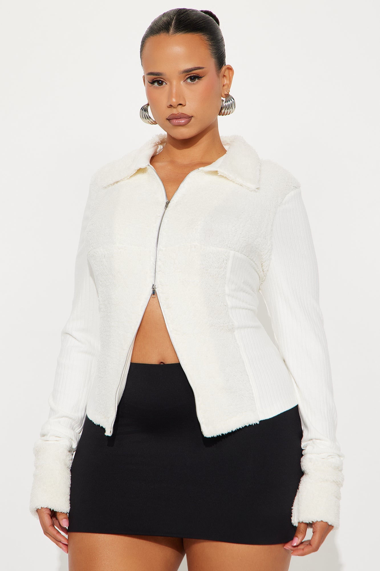 Jade Fur Trim Ribbed Top - Ivory
