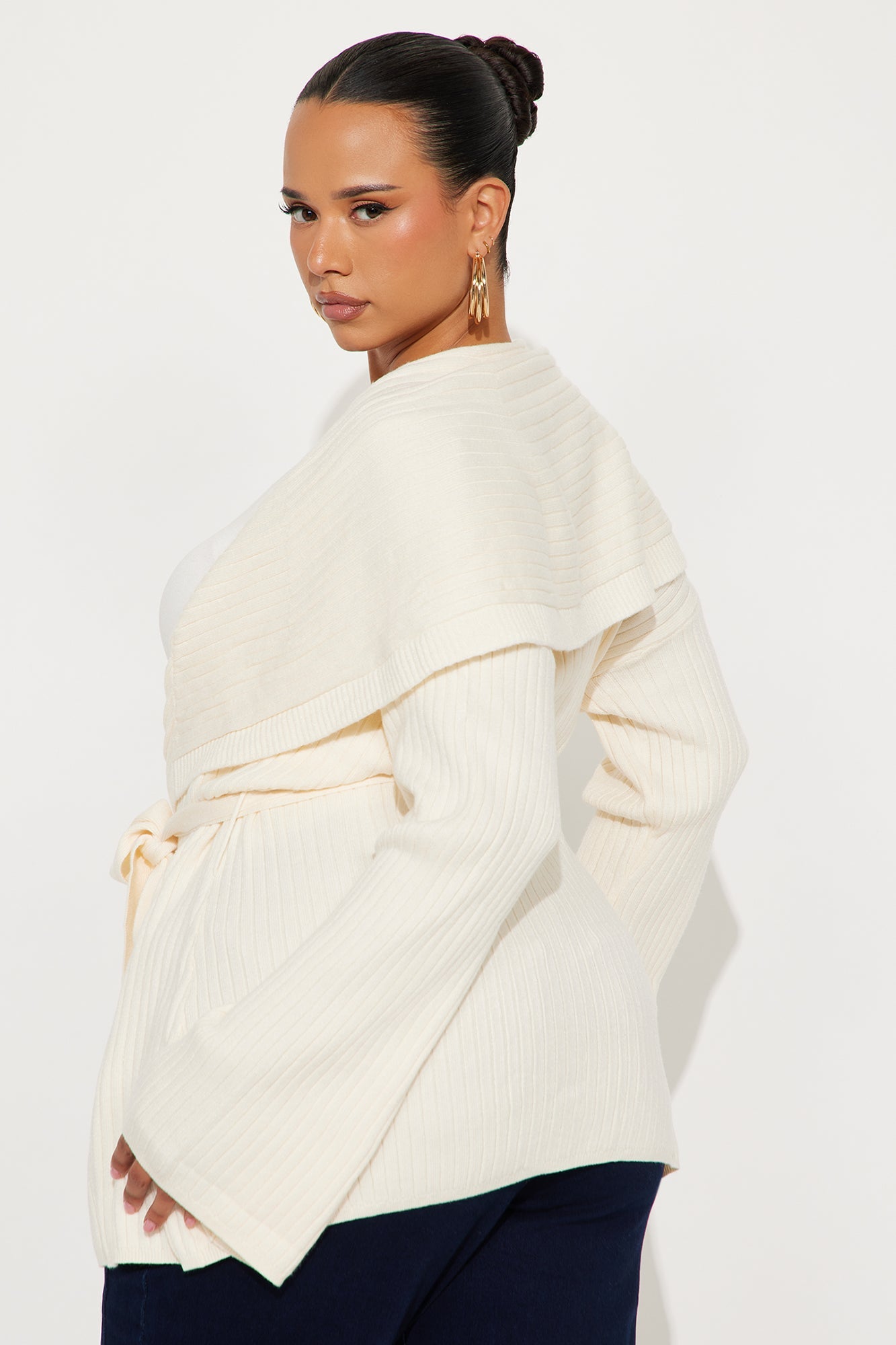 Cozy Queen Tie Waist Cardigan - Cream