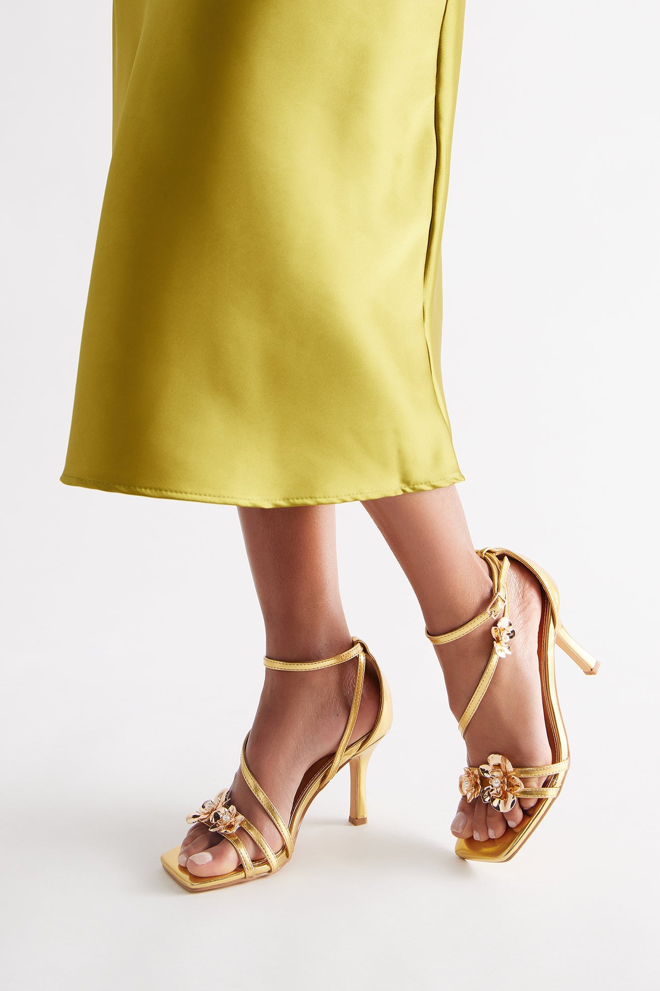 Selima Flower Ankle Strap Heels - Gold