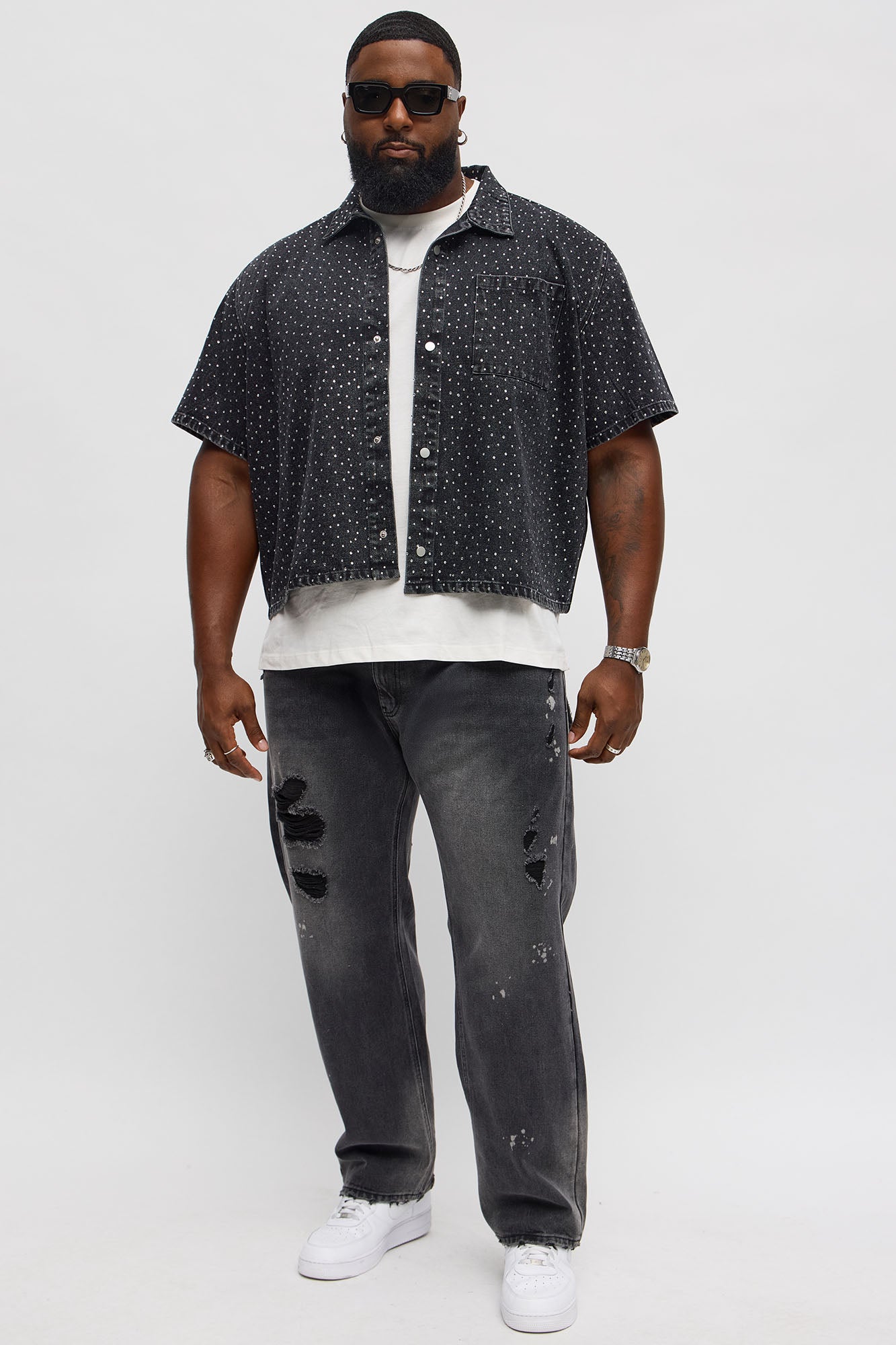 Cropped Embellished Denim Button Up Shirt - Black Wash