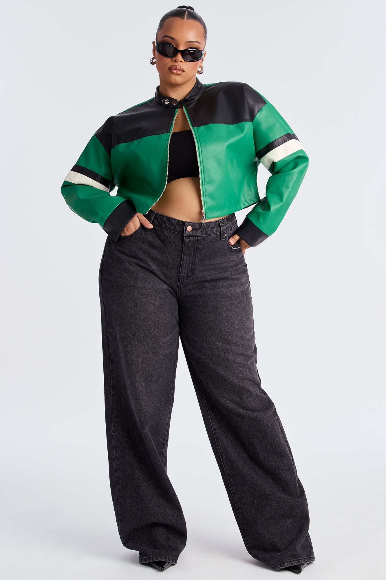 Babe Mode Activated Cropped Faux Leather Moto Jacket - Green/combo