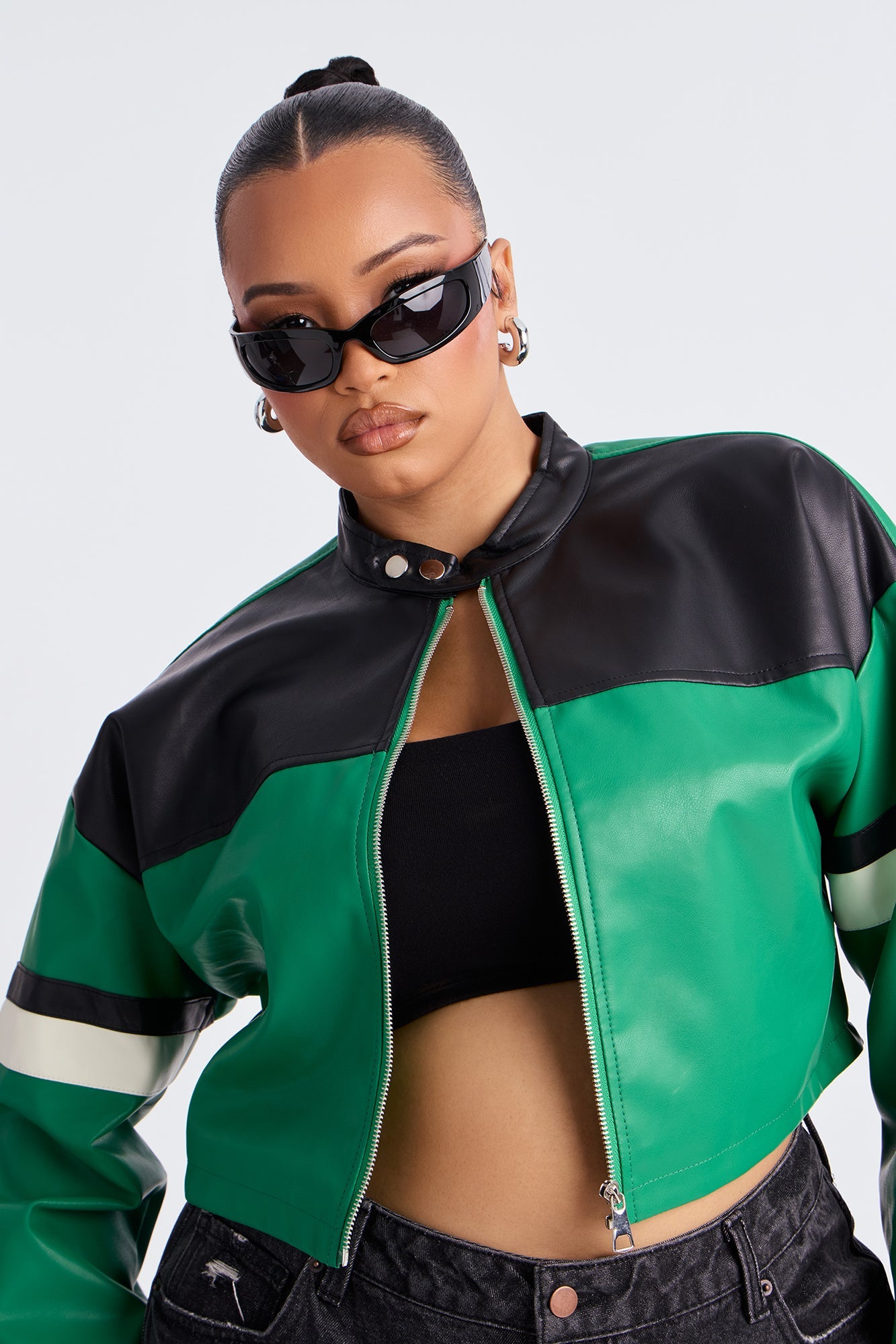 Babe Mode Activated Cropped Faux Leather Moto Jacket - Green/combo