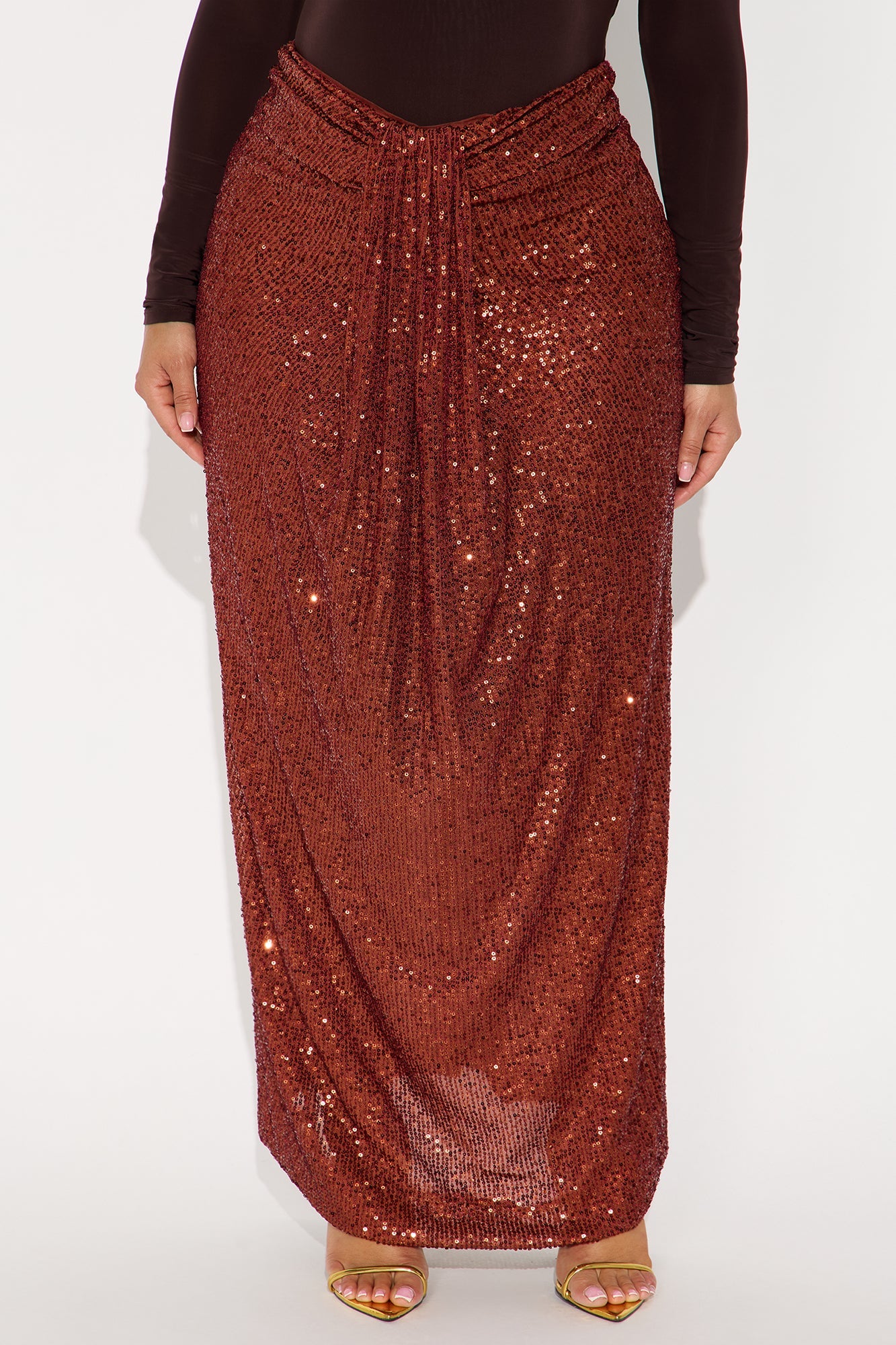 Party Time Sequin Drape Maxi Skirt - Rust