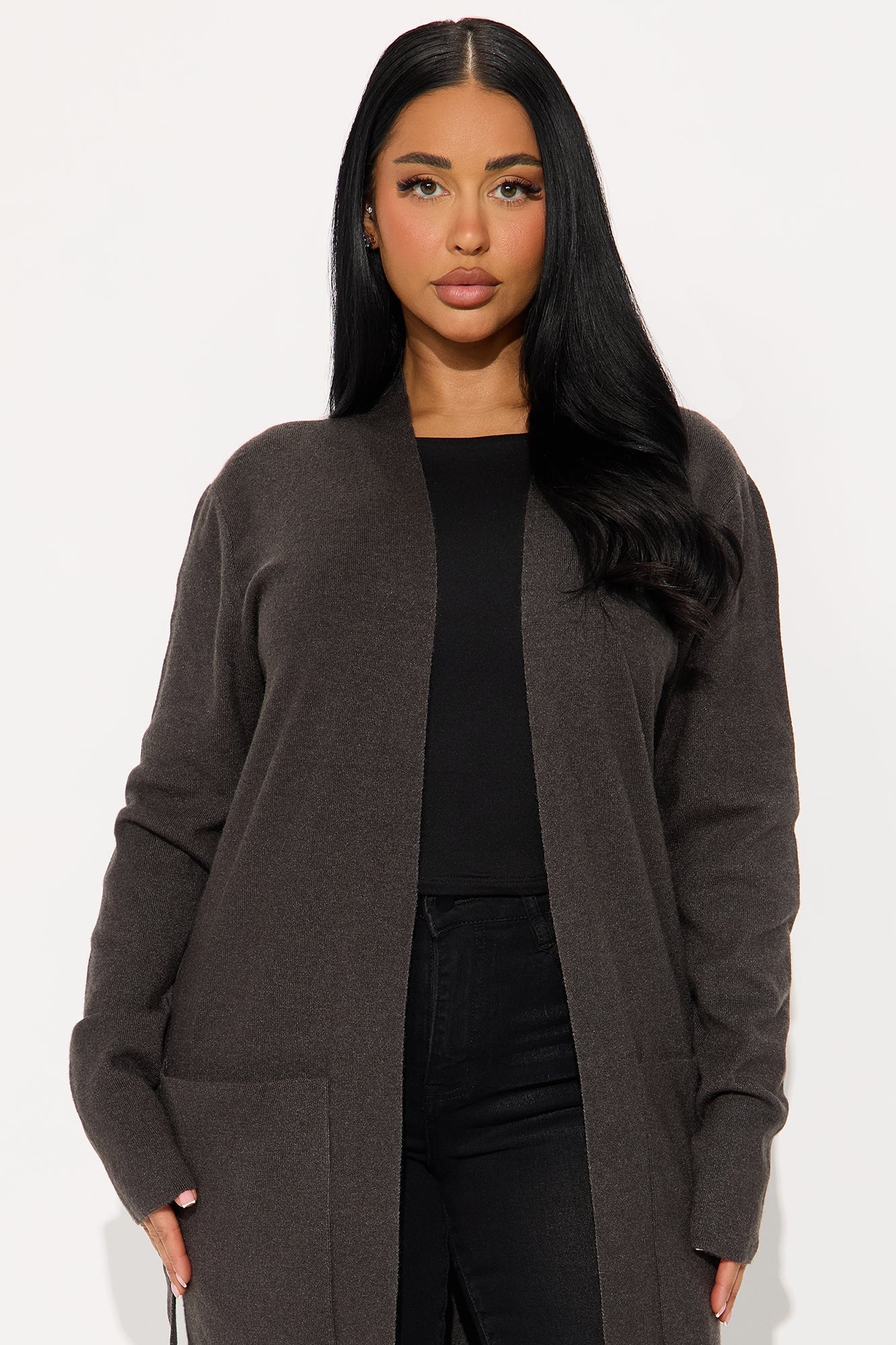 Your Fantasy Open Front Belted Cardigan - Charcoal