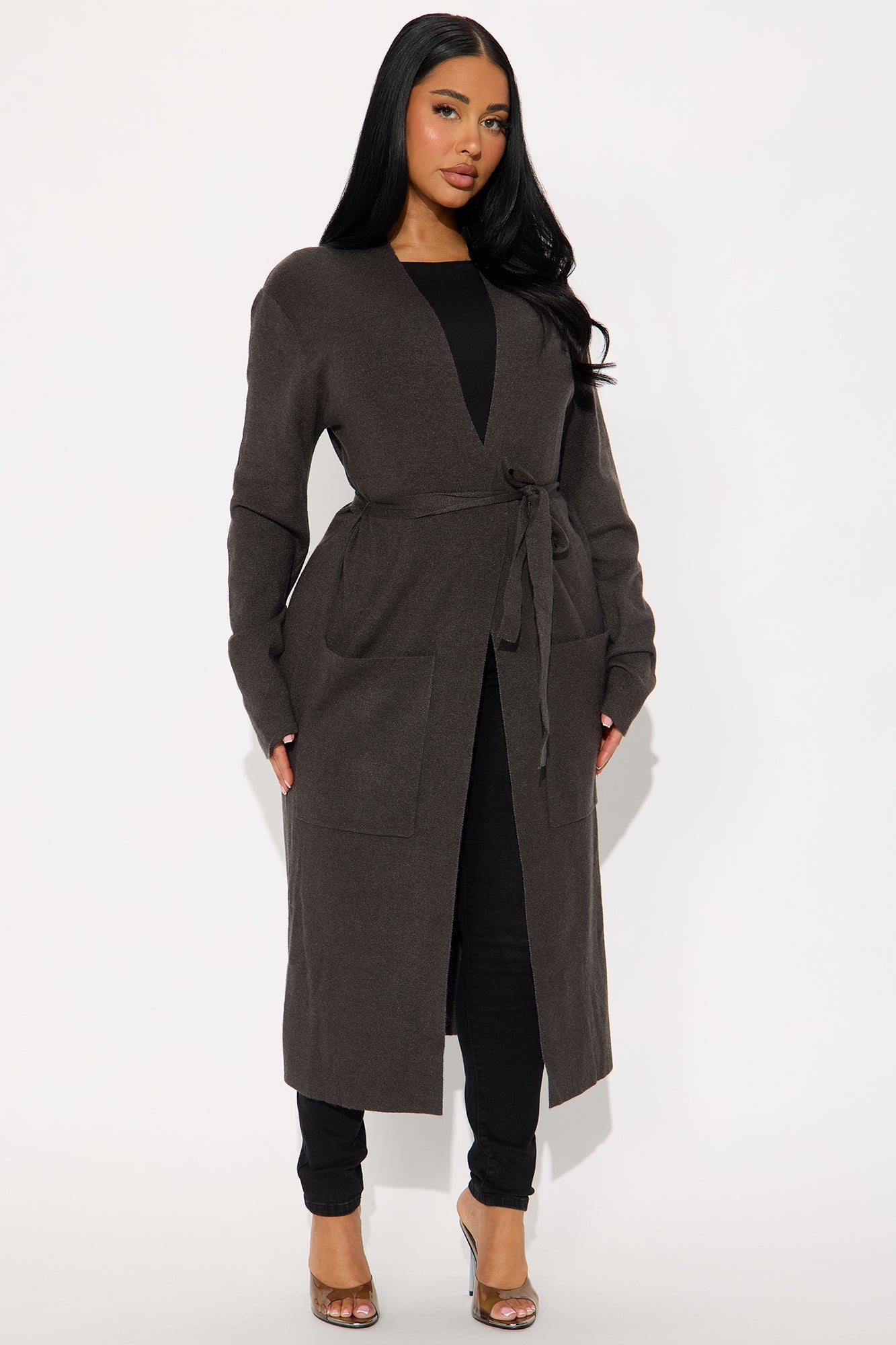 Your Fantasy Open Front Belted Cardigan - Charcoal