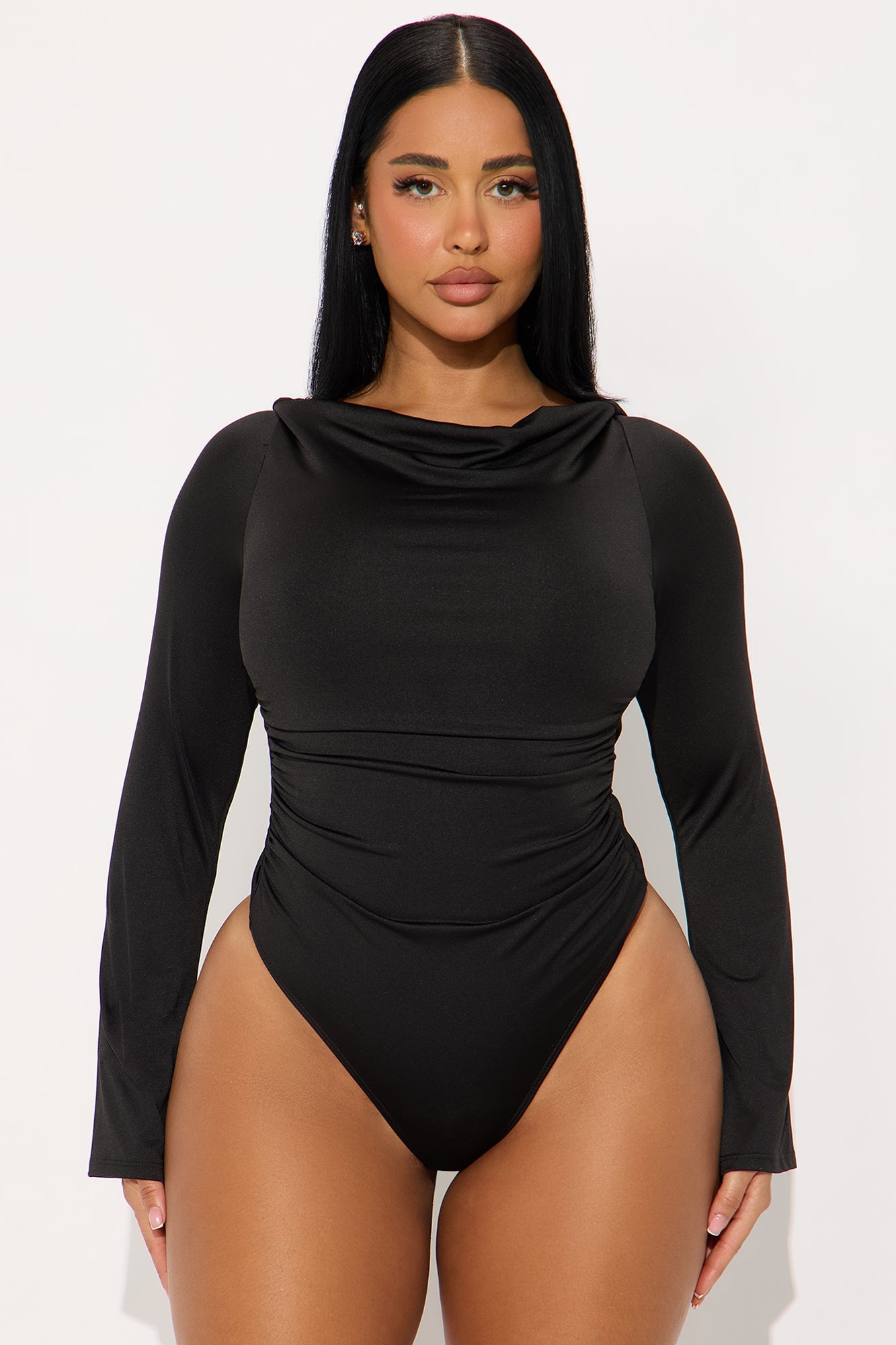 Edna Cowled Back Boat Neck Bodysuit - Black