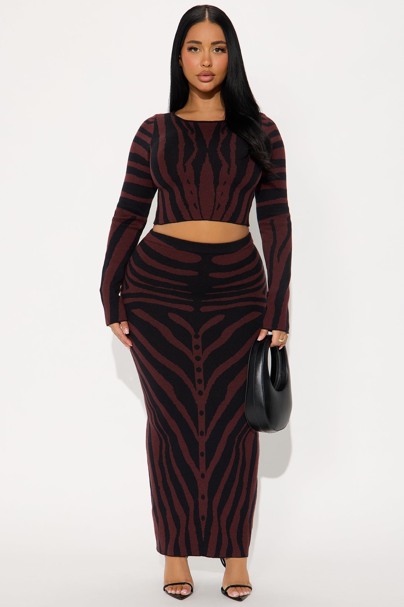 Rooftop Reservations Sweater Maxi Skirt Set - Burgundy/combo
