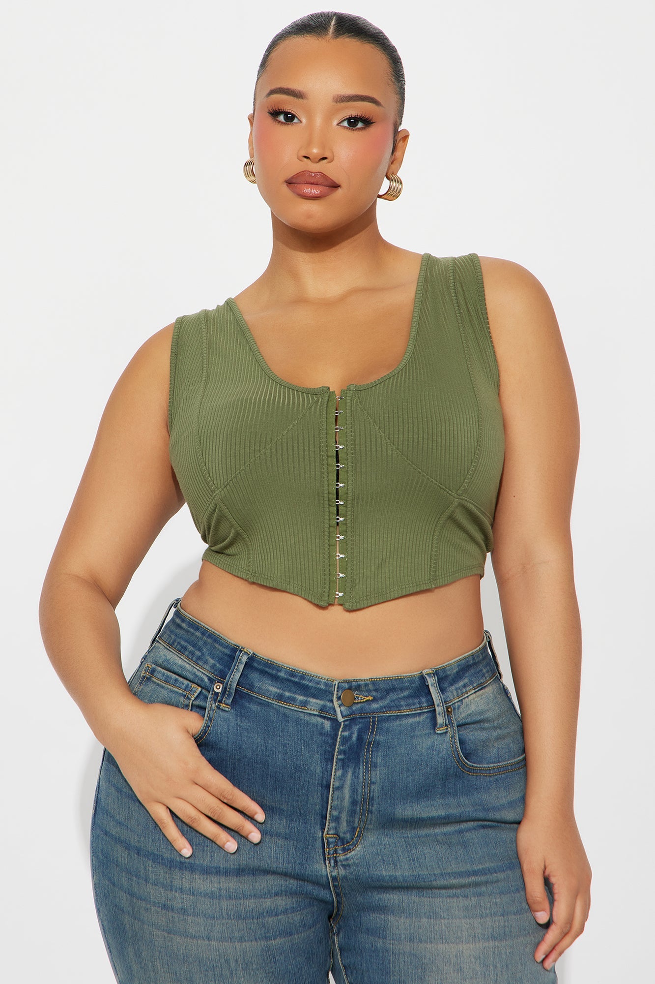 Natalie Ribbed Corset Top - Olive
