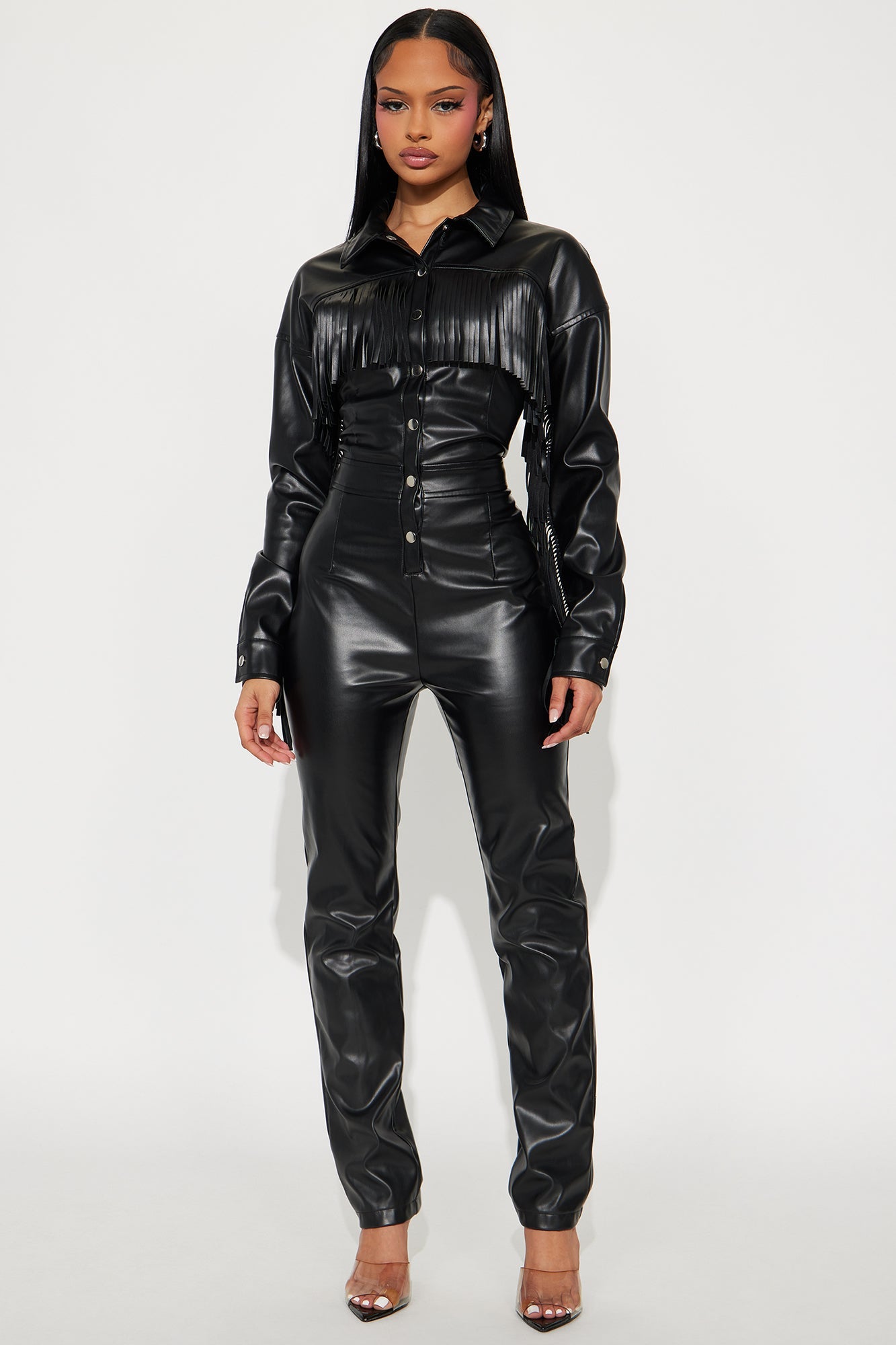 Madison Faux Leather Fringe Jumpsuit - Black