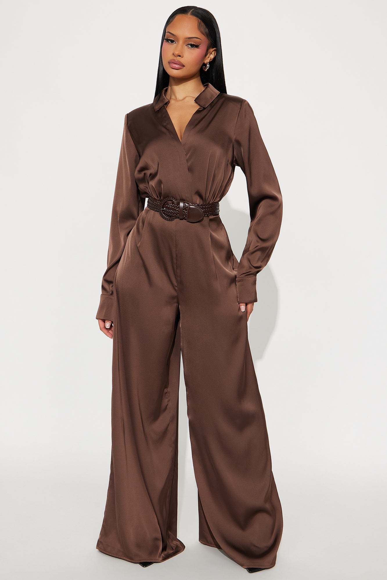 After Dark Satin Wide Leg Belted Jumpsuit - Dark Brown