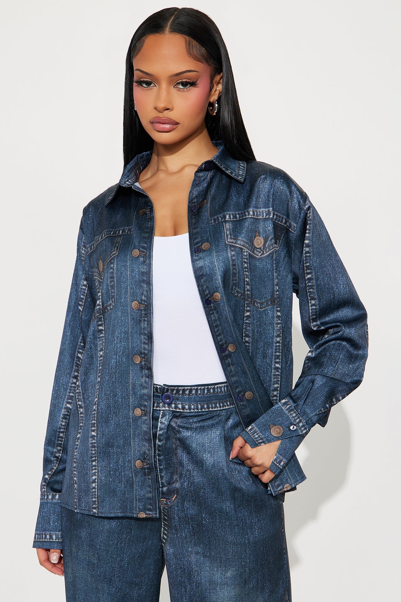 Denim Muse Satin Pant Set - Denim