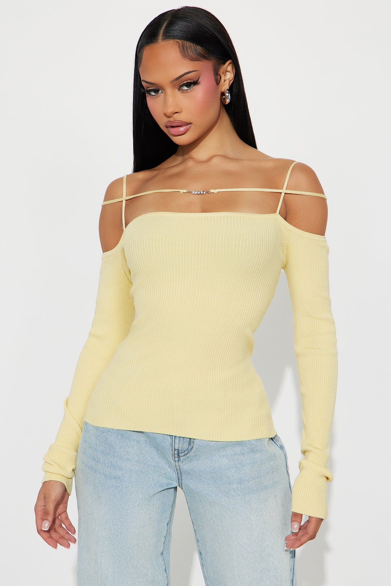 Stay Dramatic Off Shoulder Strappy Sweater Top - Butter Yellow