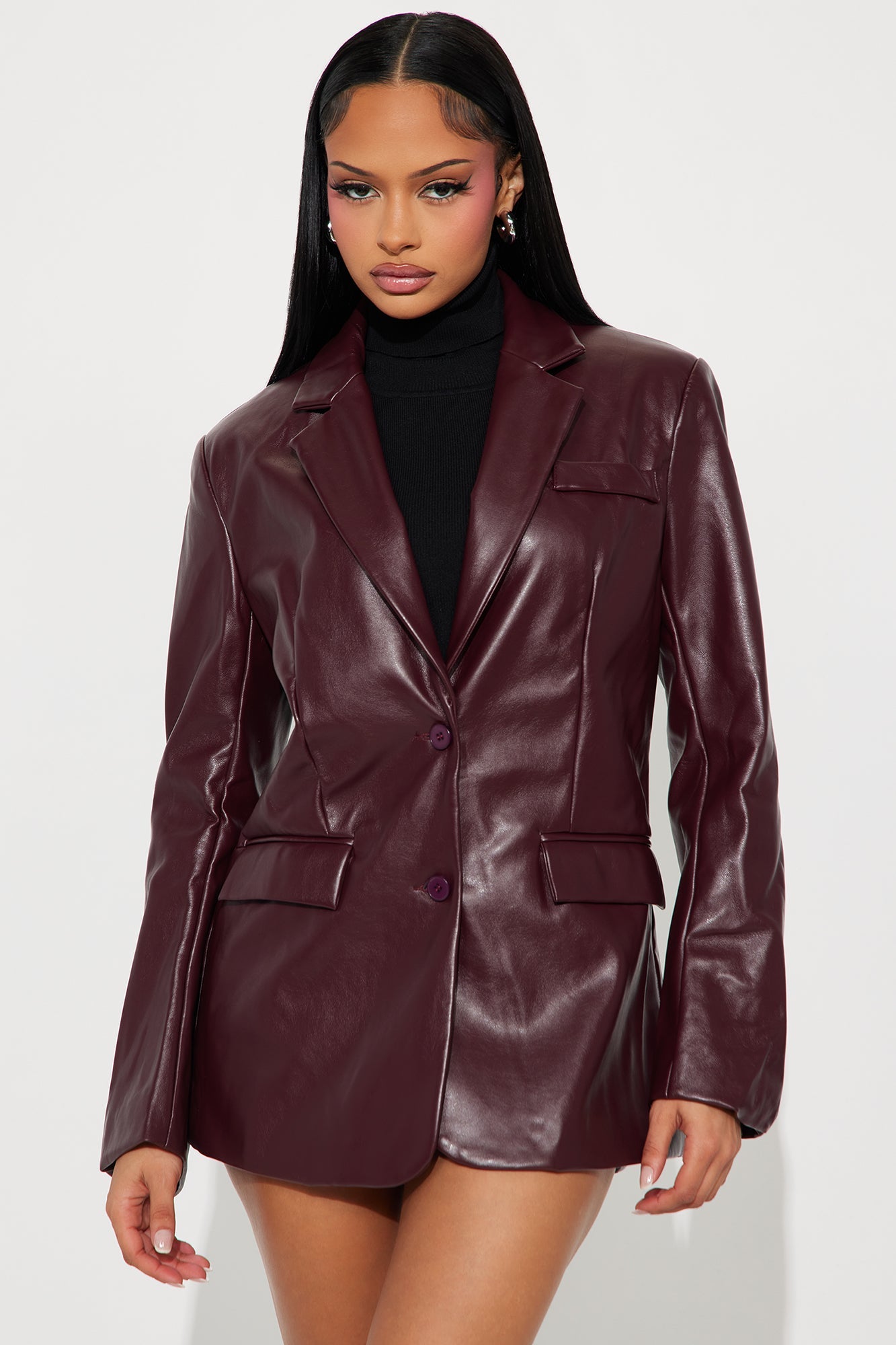 Deanna Faux Leather Oversized Blazer - Burgundy