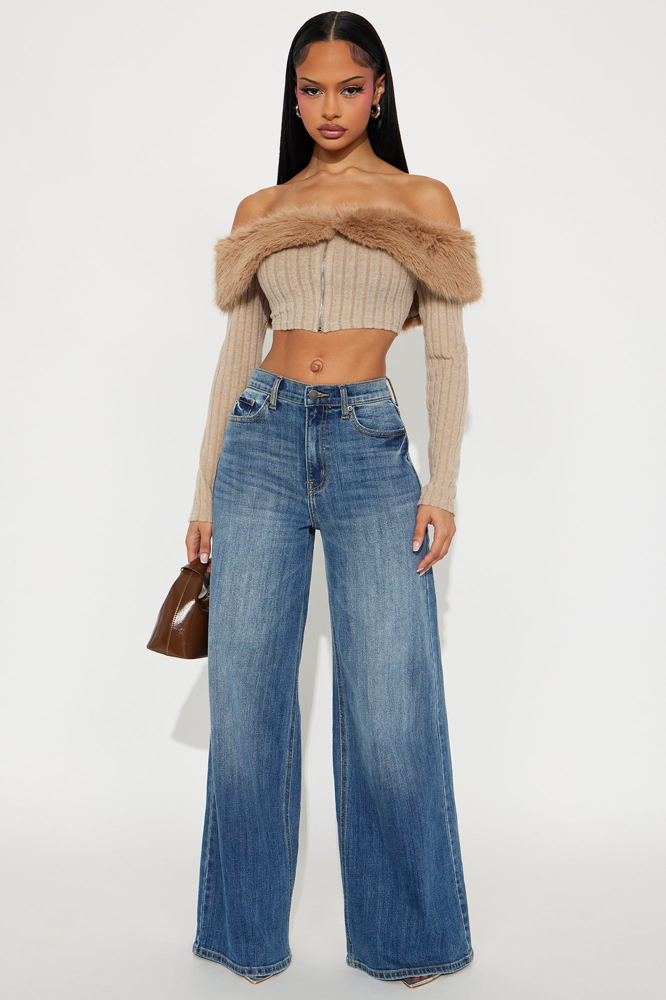 Break It Up Faux Fur Trim Off Shoulder Top - Beige