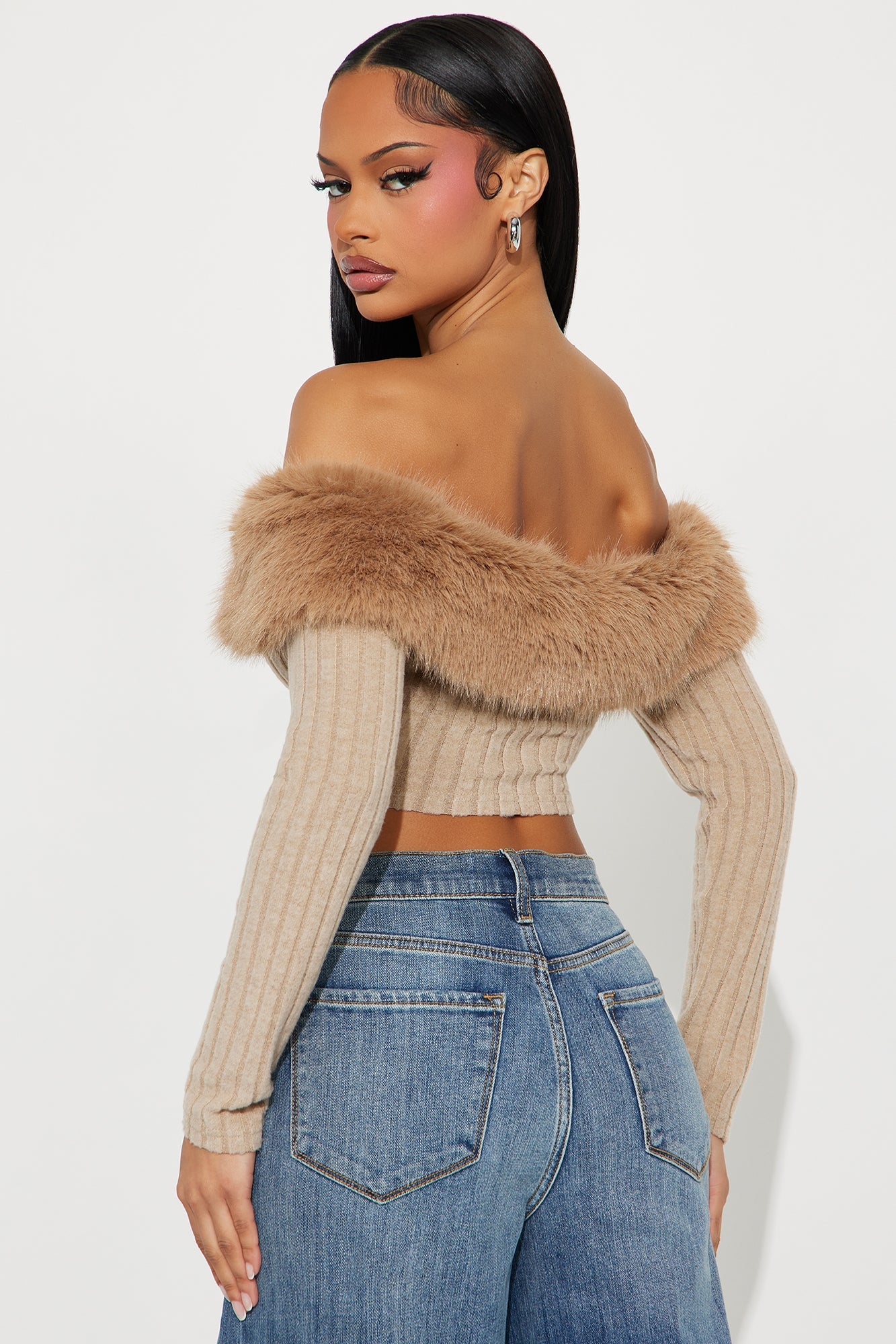 Break It Up Faux Fur Trim Off Shoulder Top - Beige