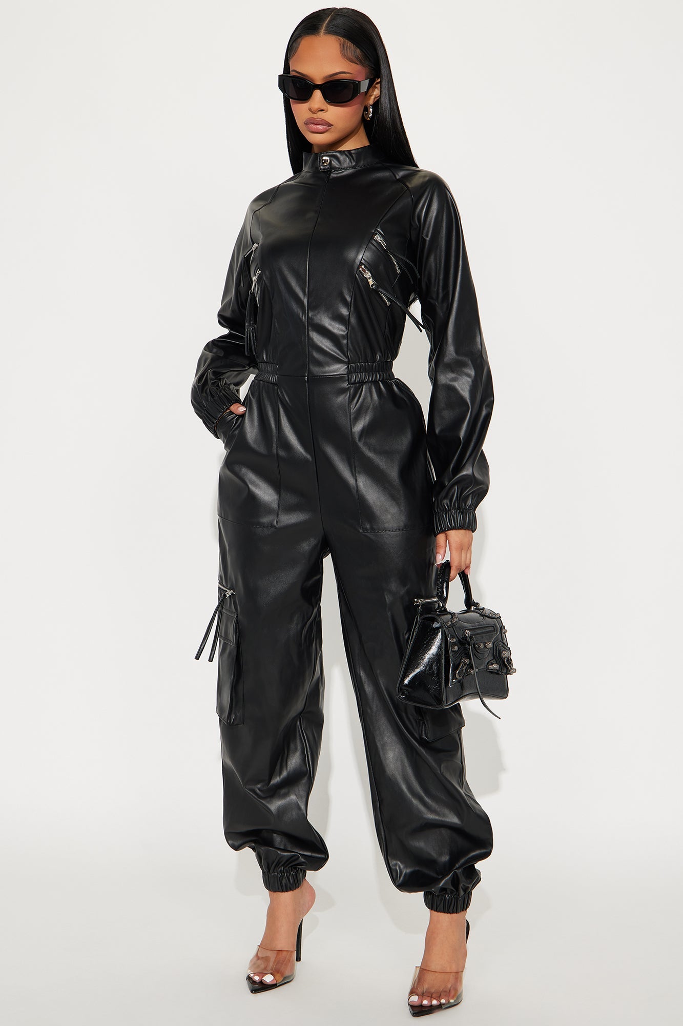 Slow Motion Faux Leather Jogger Jumpsuit - Black