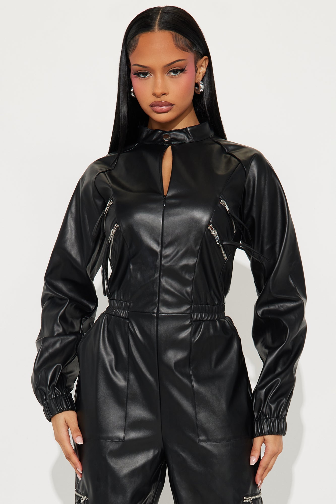 Slow Motion Faux Leather Jogger Jumpsuit - Black