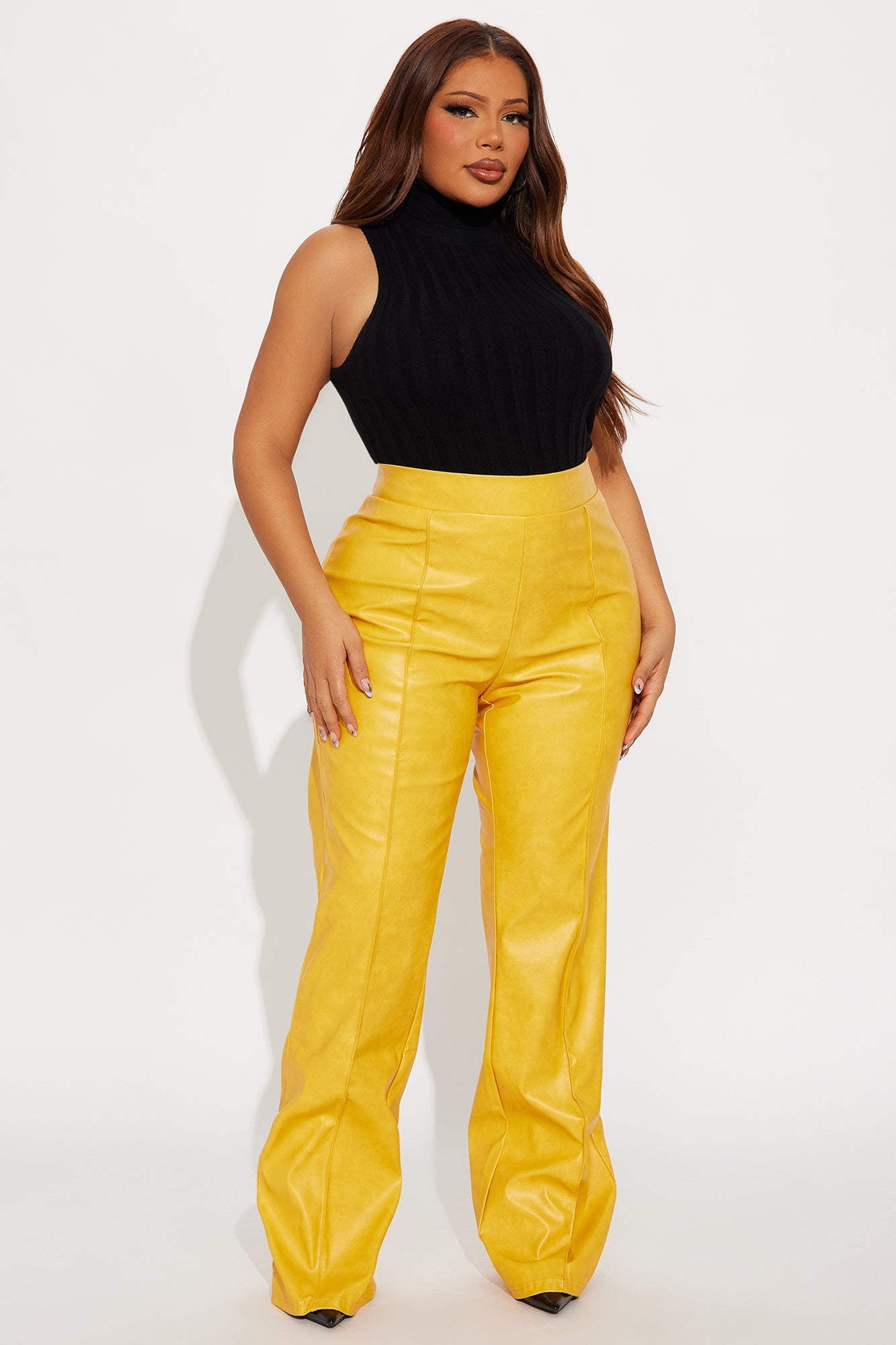 Victoria High Waisted Washed Faux Leather Dress Pants - Mustard