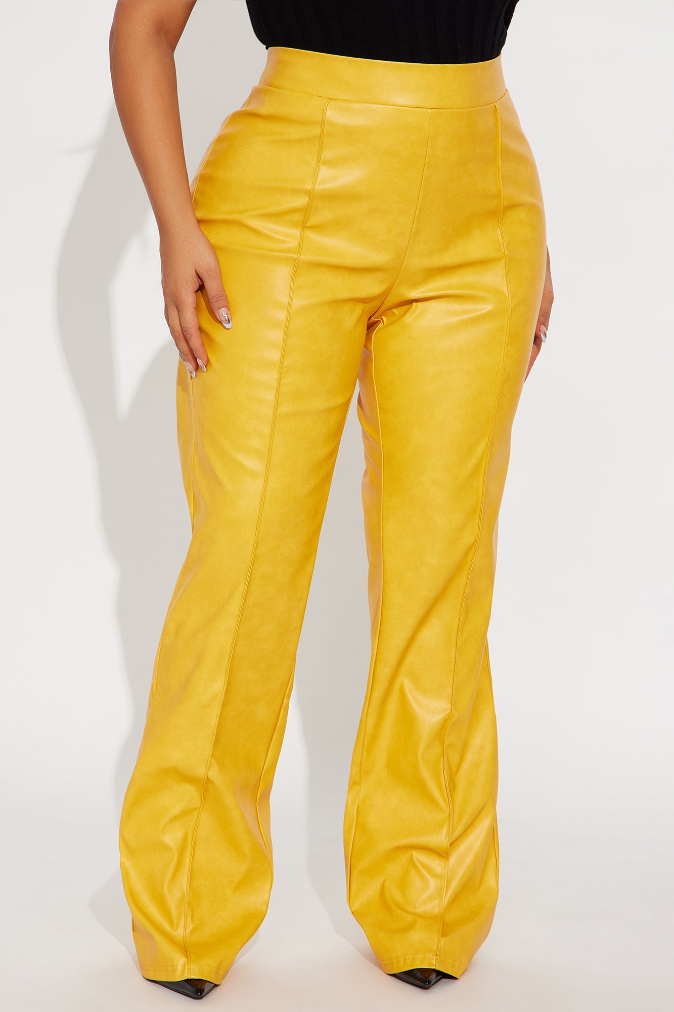 Victoria High Waisted Washed Faux Leather Dress Pants - Mustard