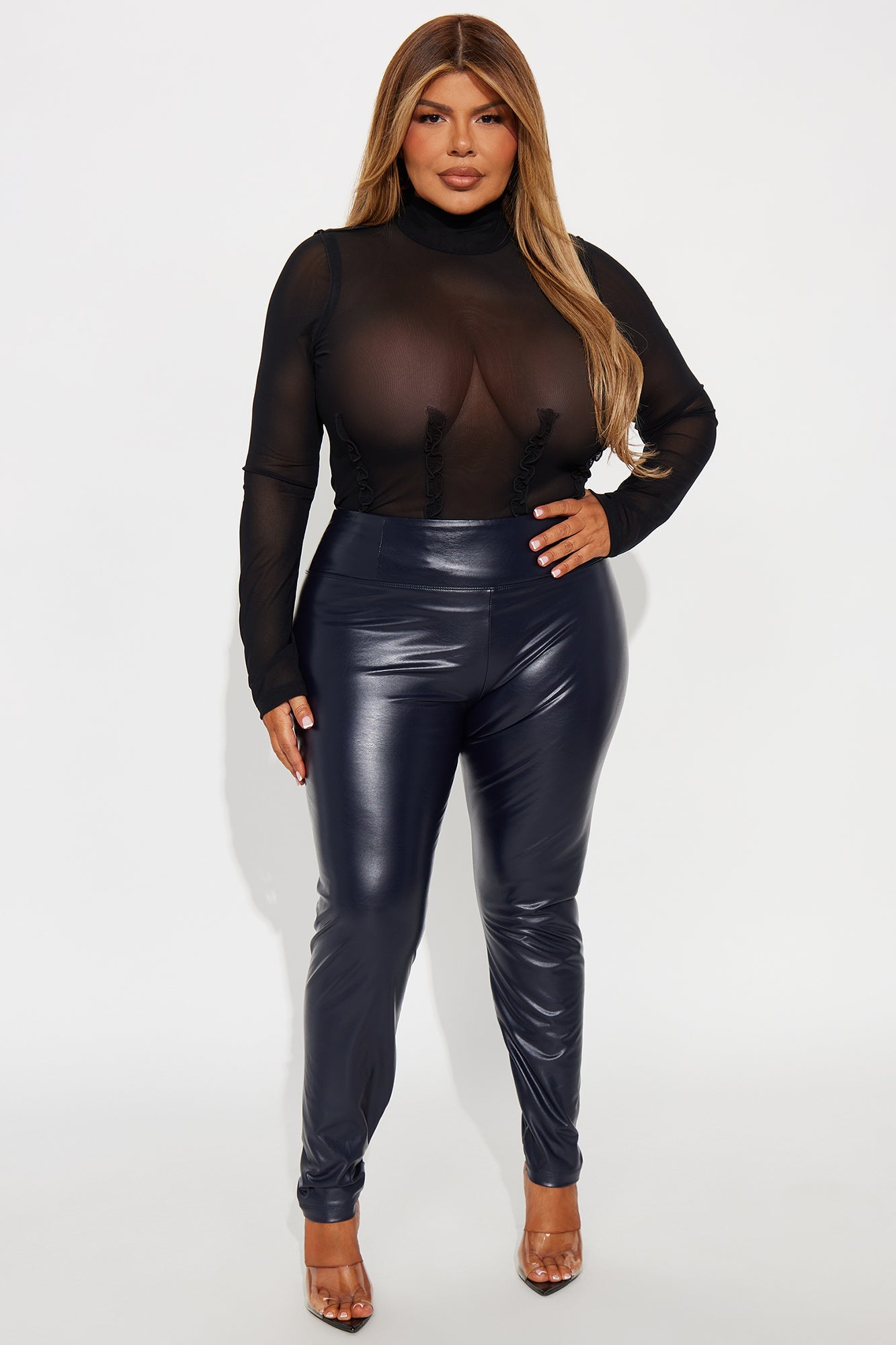 Faux Leather Tummy Tuck Leggings - Midnight Blue
