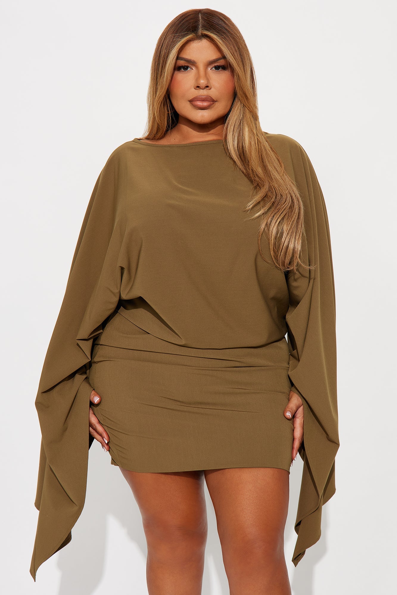 Annora Draped Long Sleeve Mini Dress - Olive