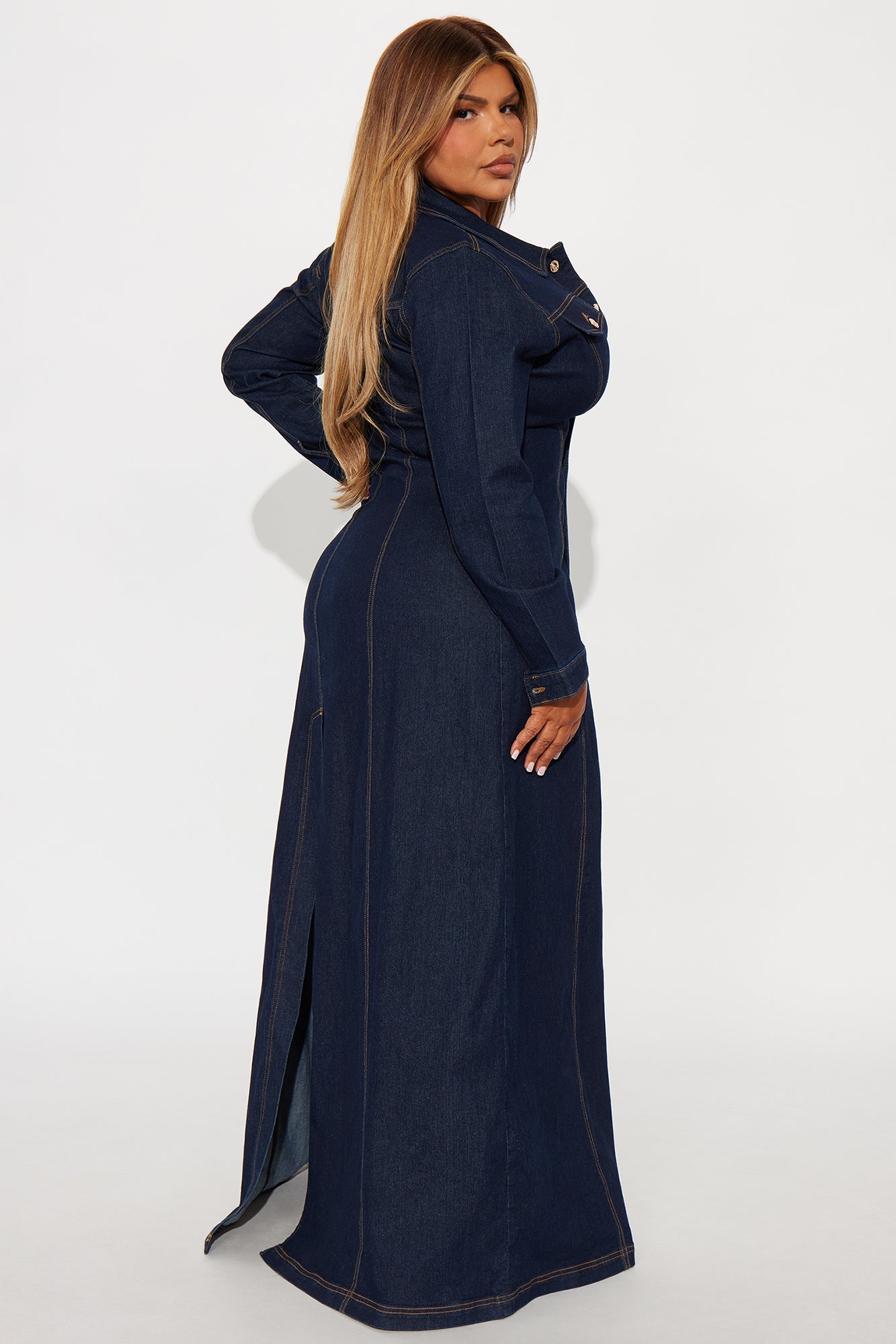 Deandra Long Sleeve Denim Stretch Maxi Dress - Dark Denim