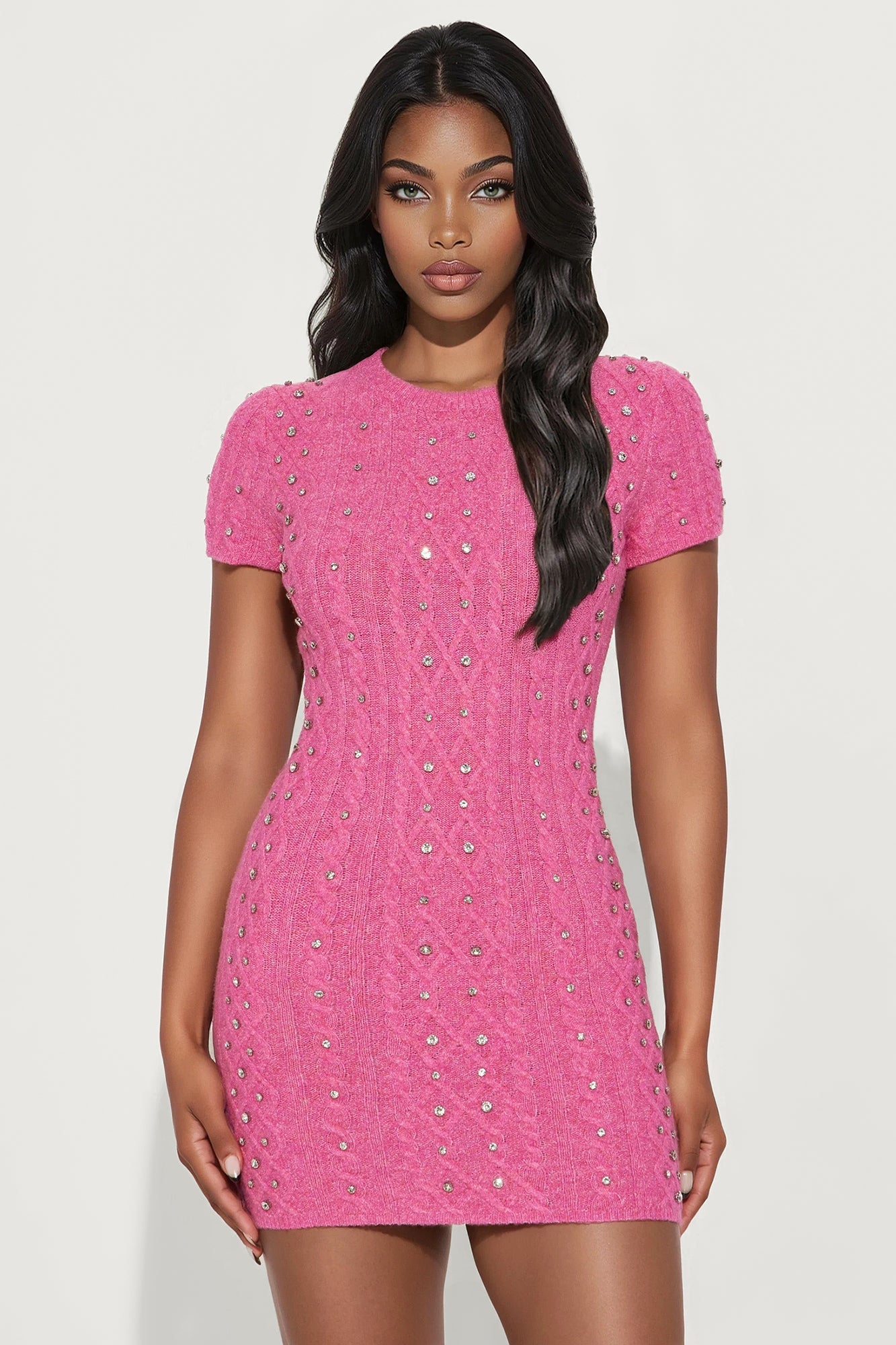 Pippa Rhinestone Embellished Sweater Mini Dress - Pink