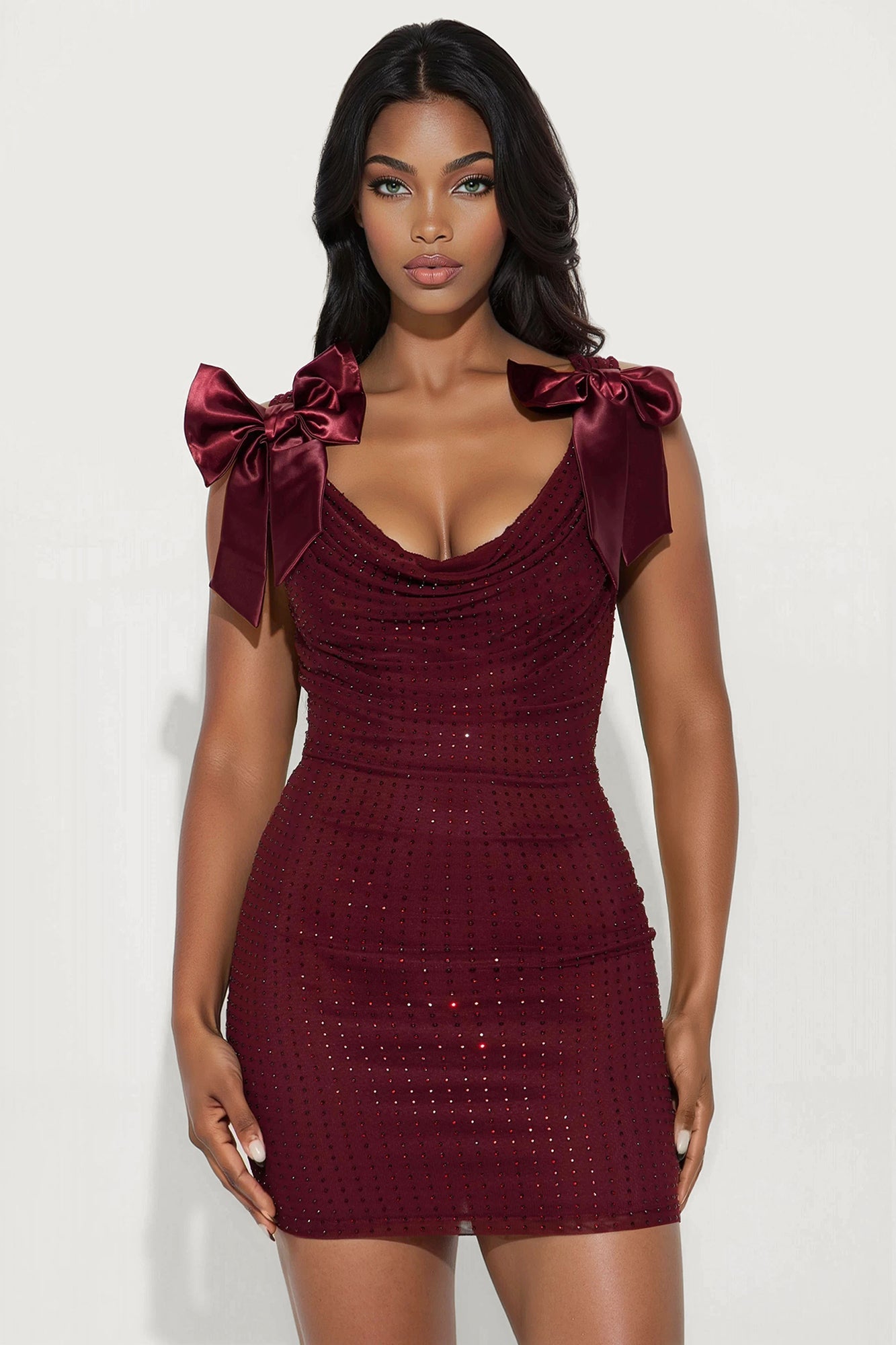 Doll House Rhinestone Embellished Mesh Mini Dress - Wine