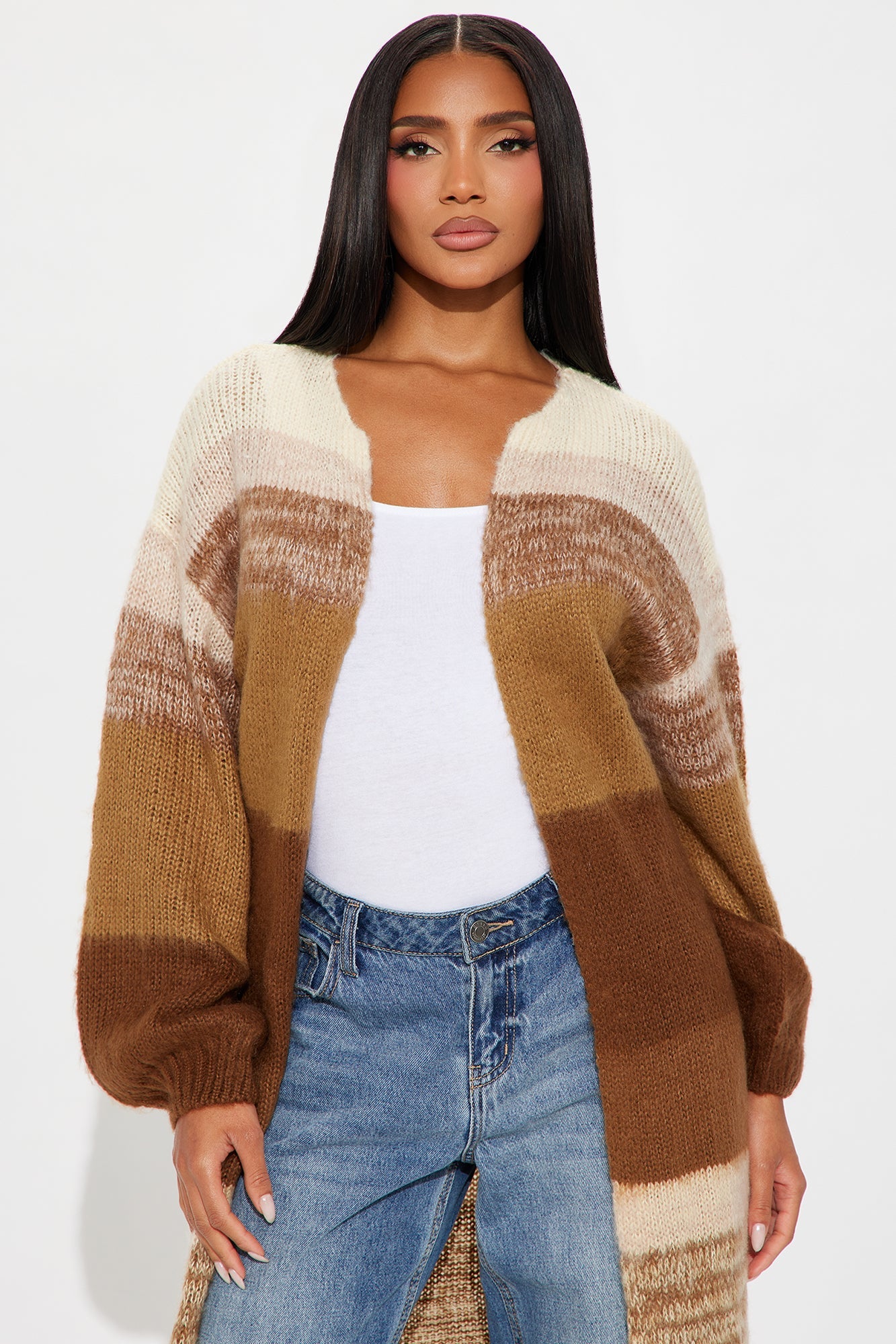Lennon Color Block Long Cardigan - Brown/combo