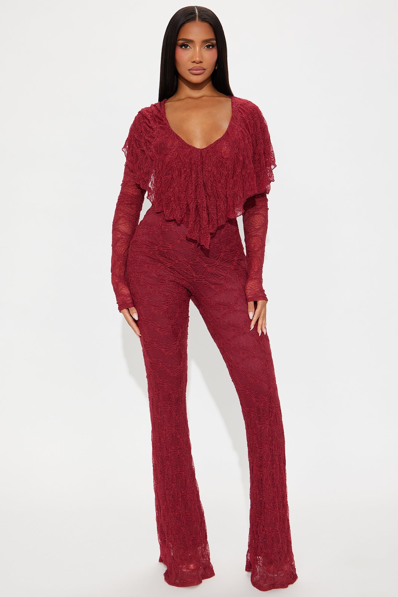 Noelle Lace V Neck Jumpsuit - Burgundy