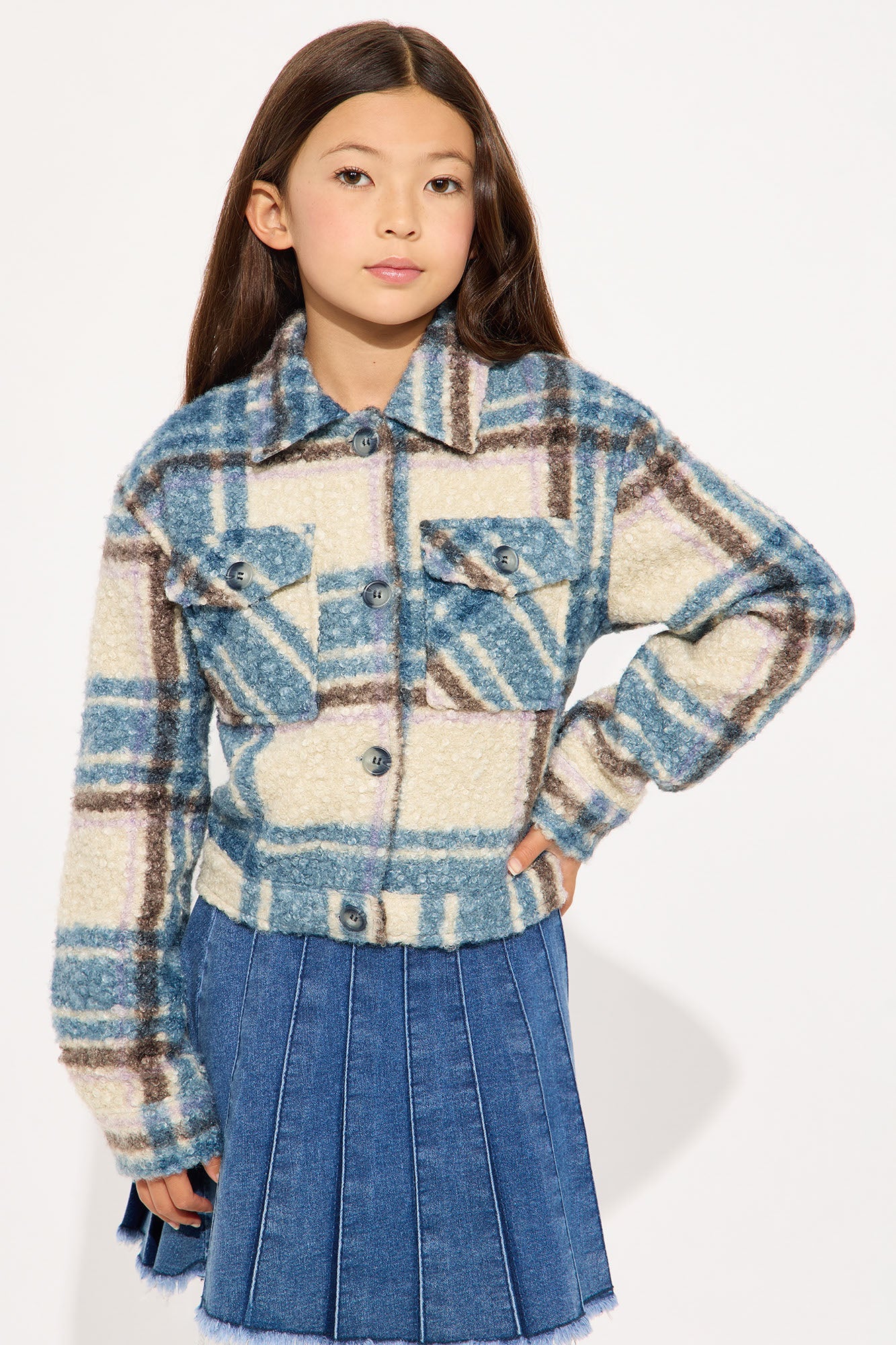 Mini Ava Plaid Sherpa Shacket - Blue/combo