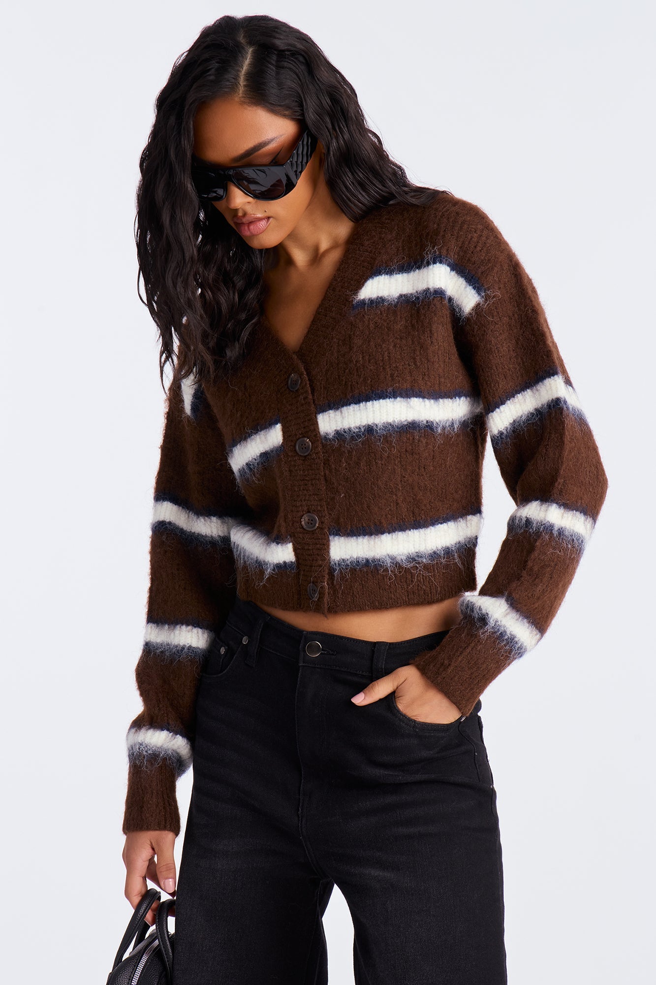Gate Keeper Striped Fuzzy Cardigan - Brown/combo