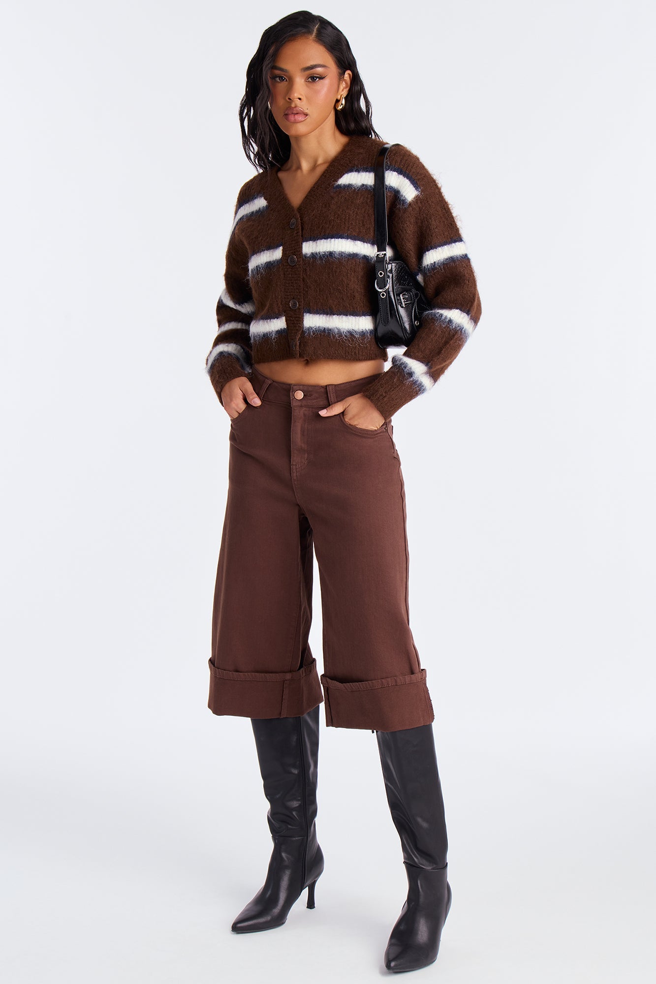 Down The Road Cuffed Denim Jorts - Brown