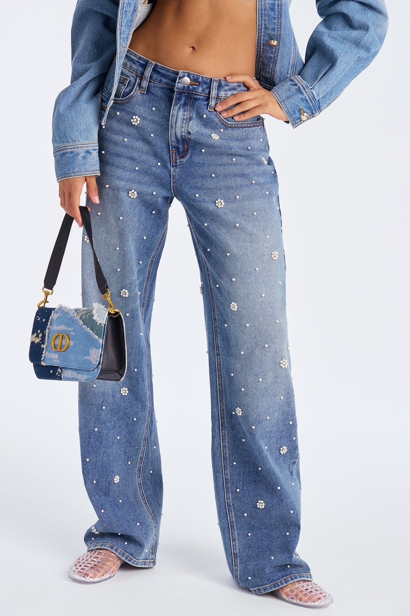Oh So Pearly Embellished Straight Leg Jeans - Vintage Wash