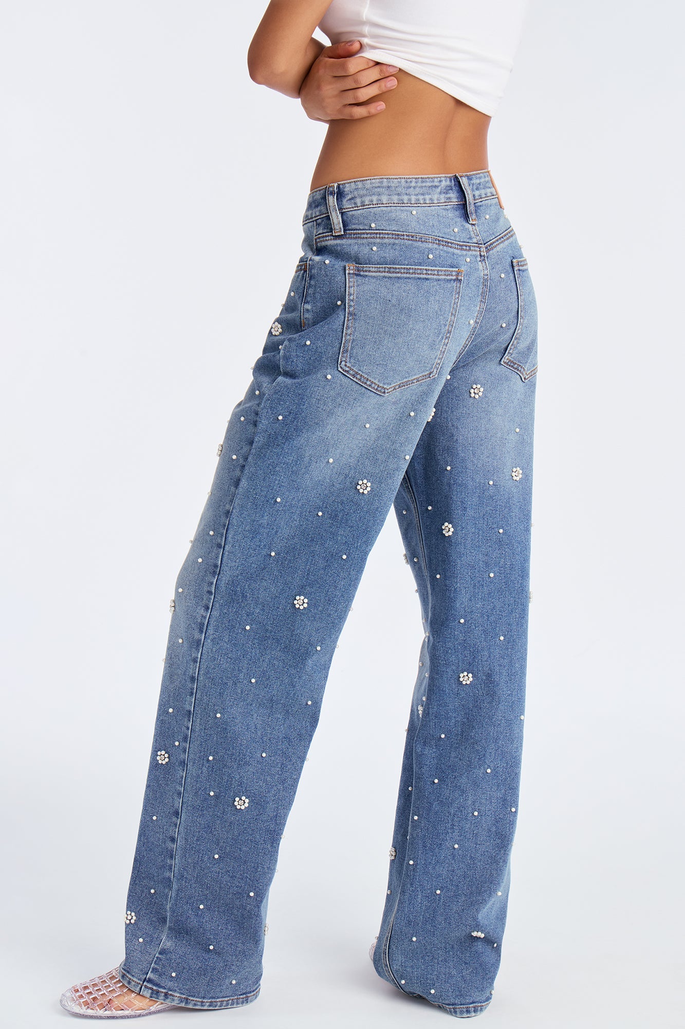 Oh So Pearly Embellished Straight Leg Jeans - Vintage Wash