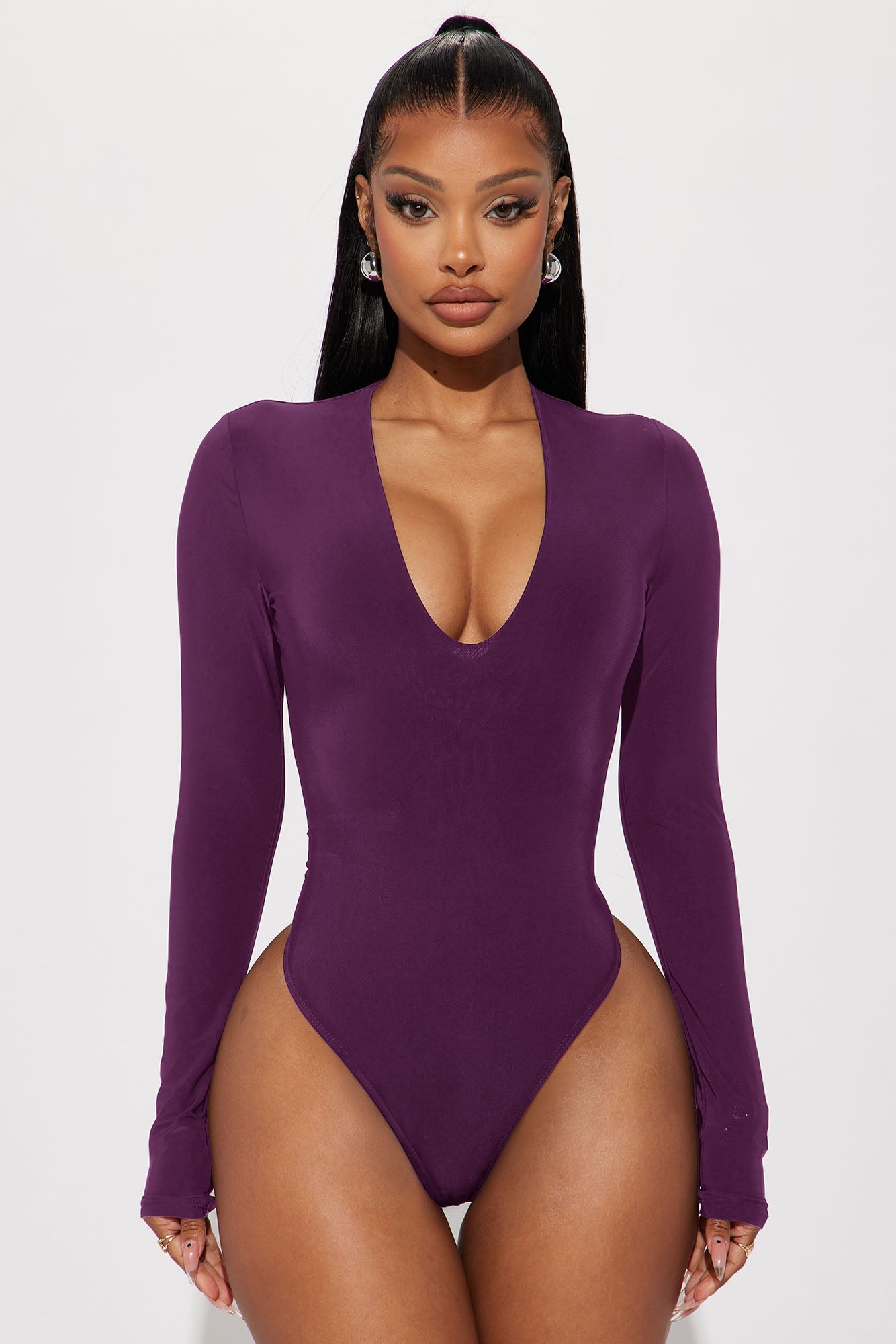Take The Plunge Lined Long Sleeve Bodysuit - Plum