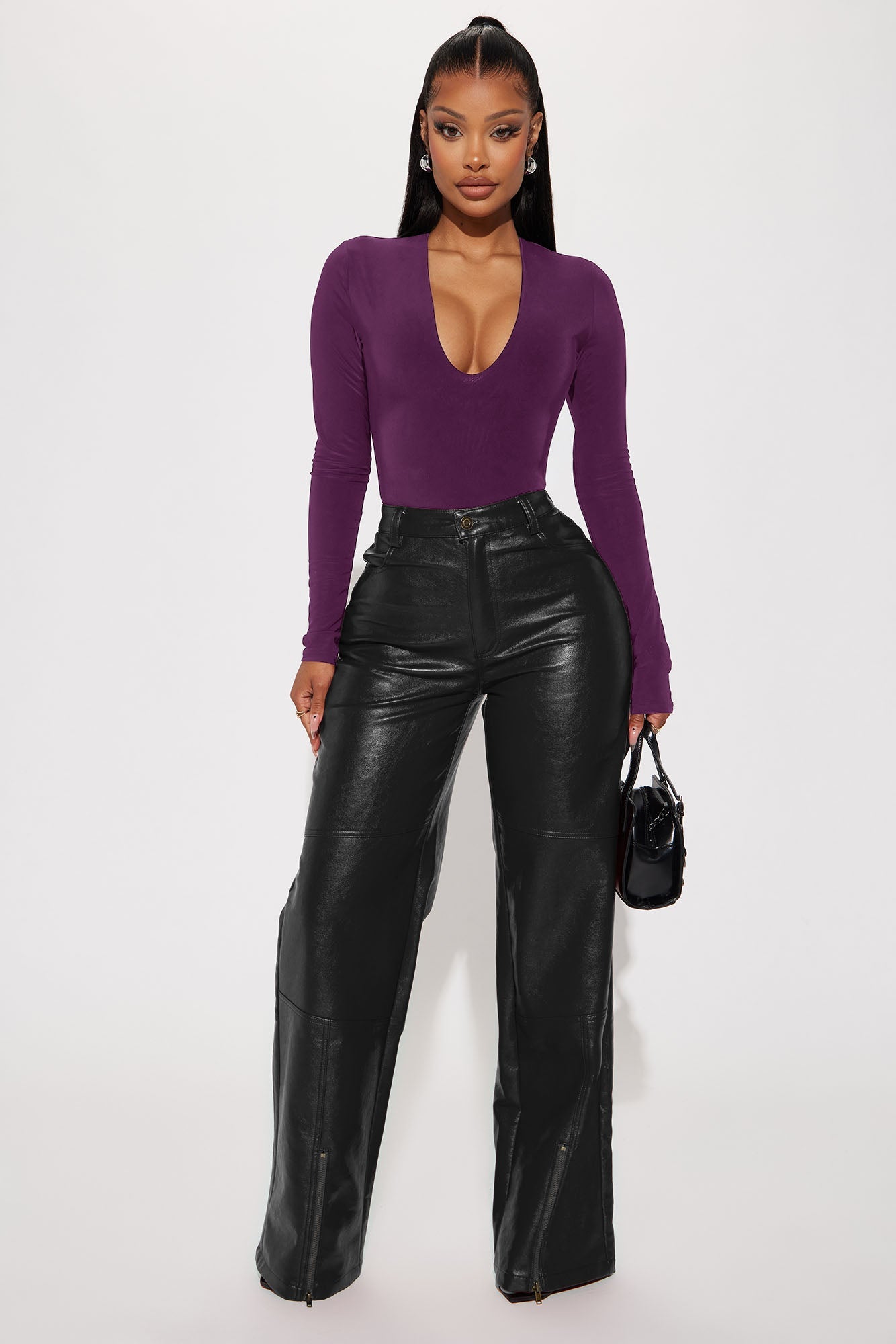 Take The Plunge Lined Long Sleeve Bodysuit - Plum