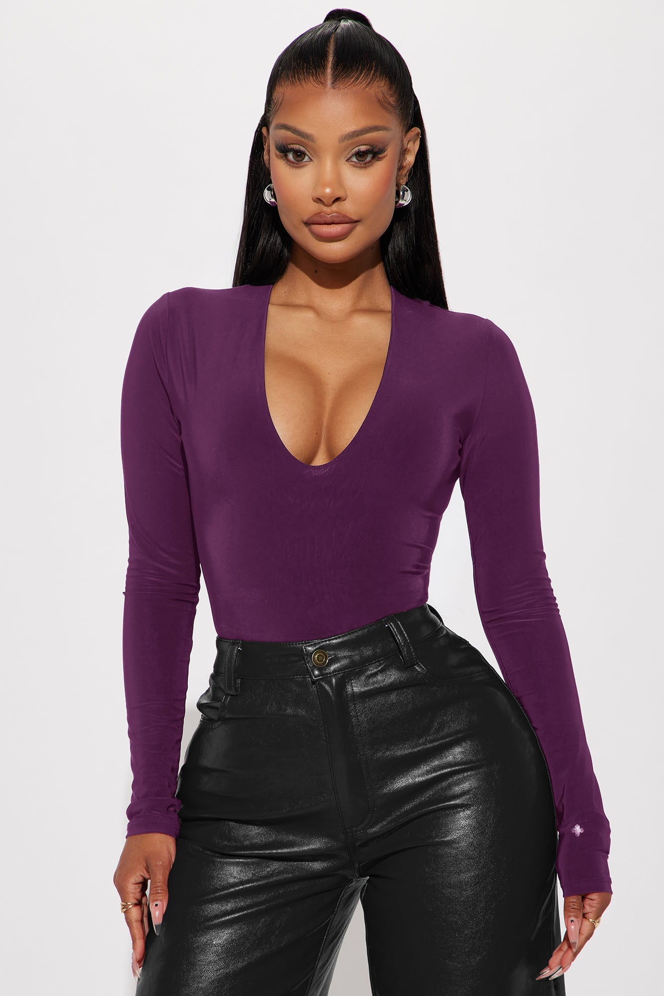 Take The Plunge Lined Long Sleeve Bodysuit - Plum