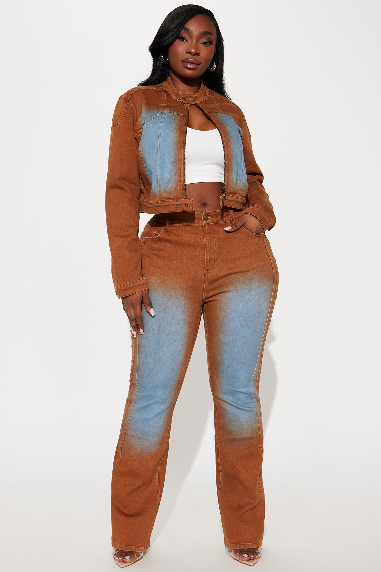 Switch Lanes Tinted Moto Flare Jeans - Brown