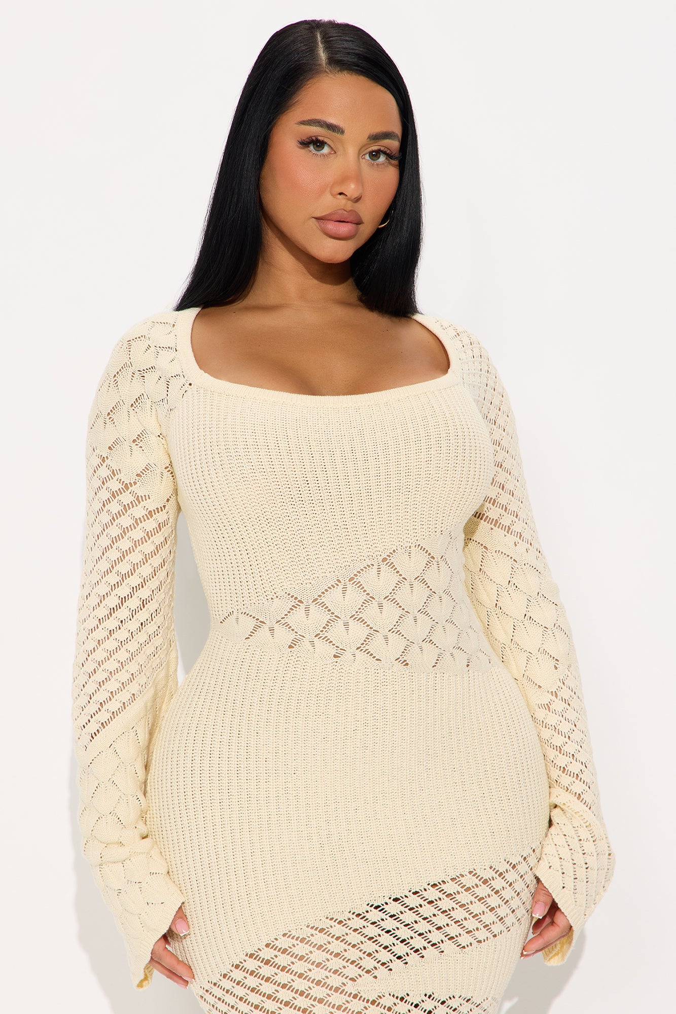 Sophia Long Sleeve Crochet Maxi Dress - Cream
