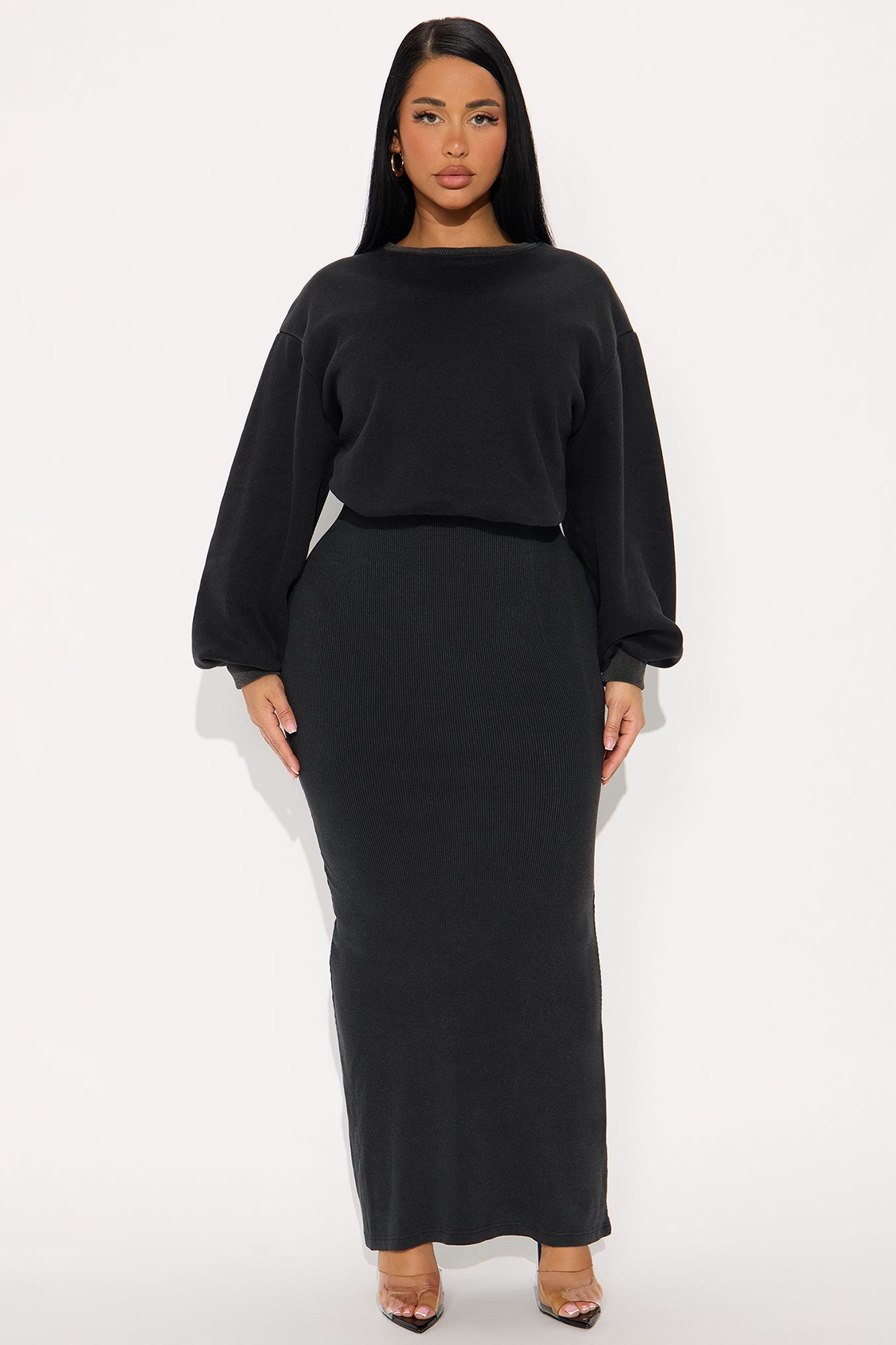 Wrapped Up Ribbed Maxi Dress Set - Black