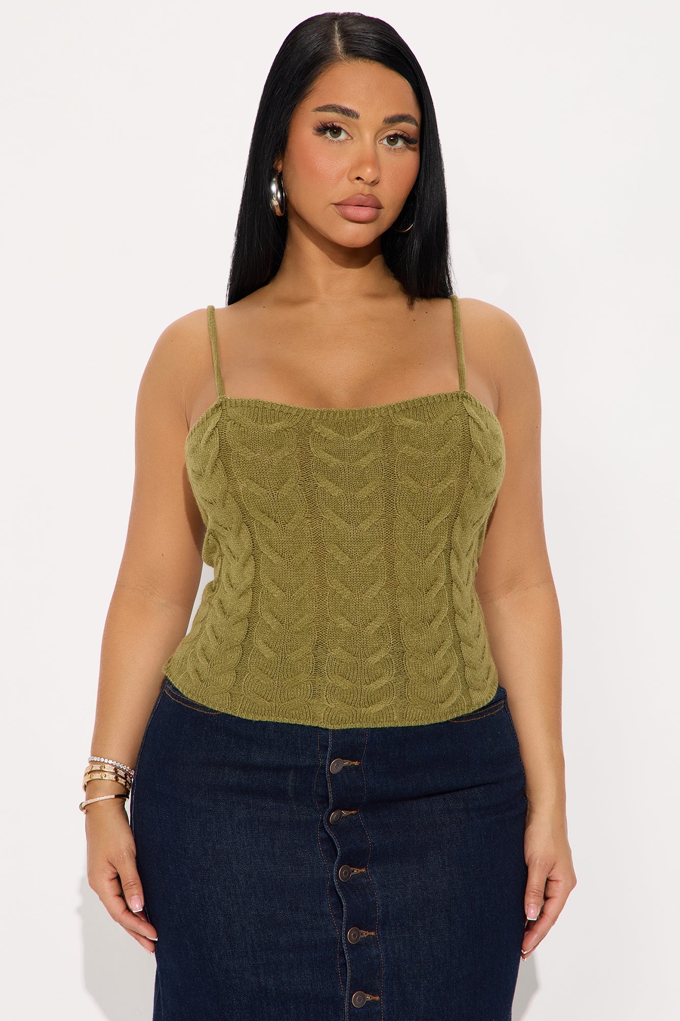 Carefree Cable Knit Cami Sweater 2 Piece Set - Sage