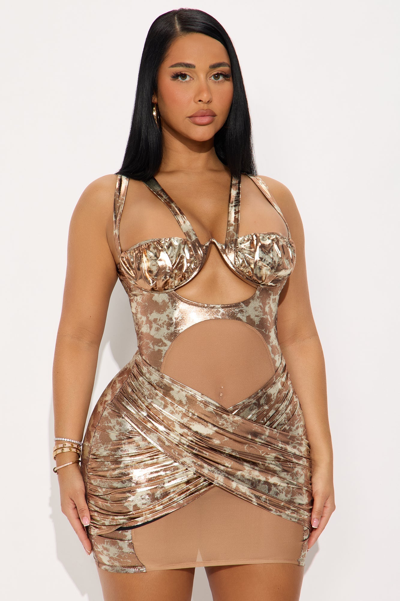 Emilia Metallic Draped Mini Dress - Bronze