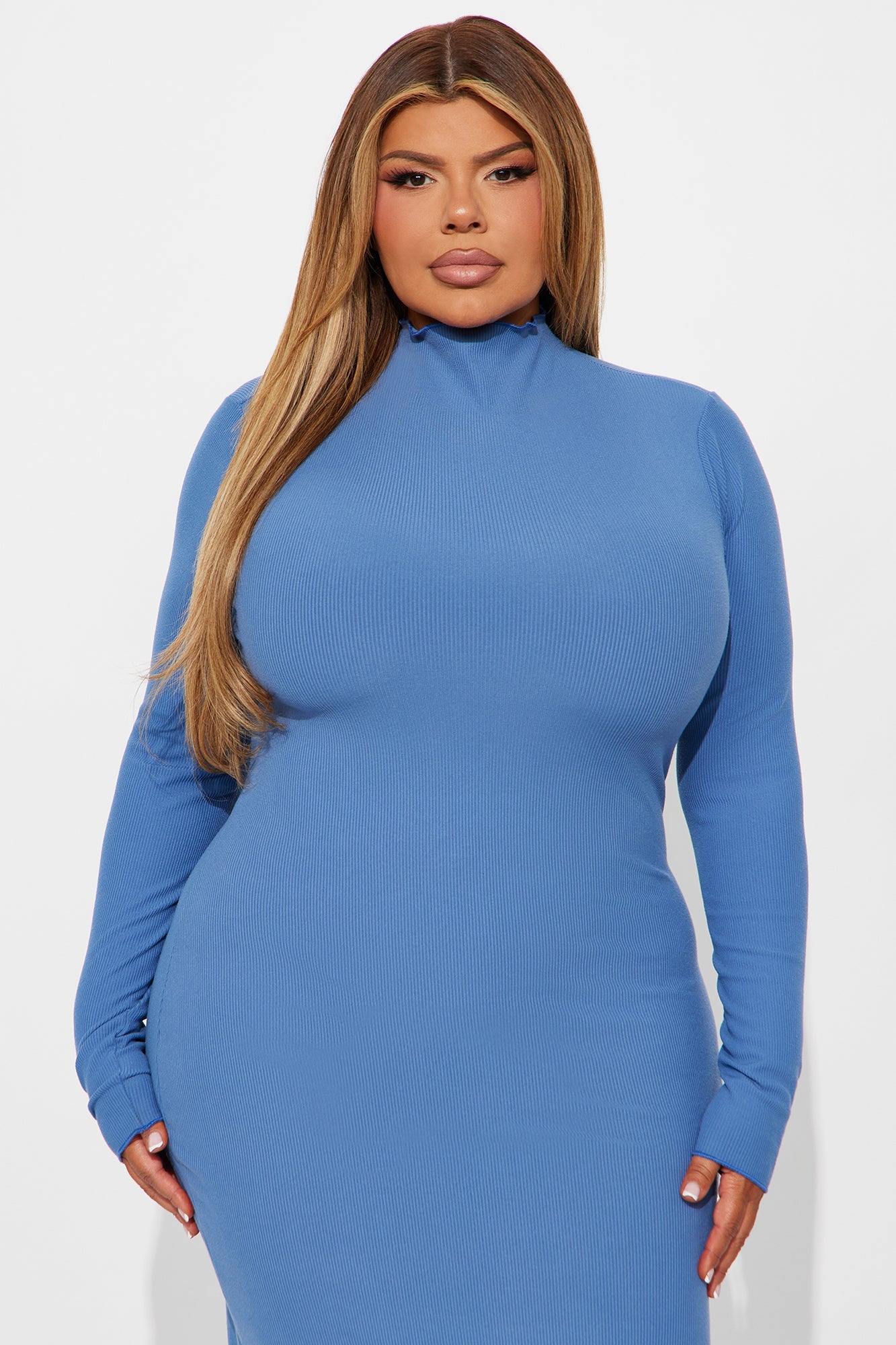 Ryann Long Sleeve Ribbed Midi Dress - Blue