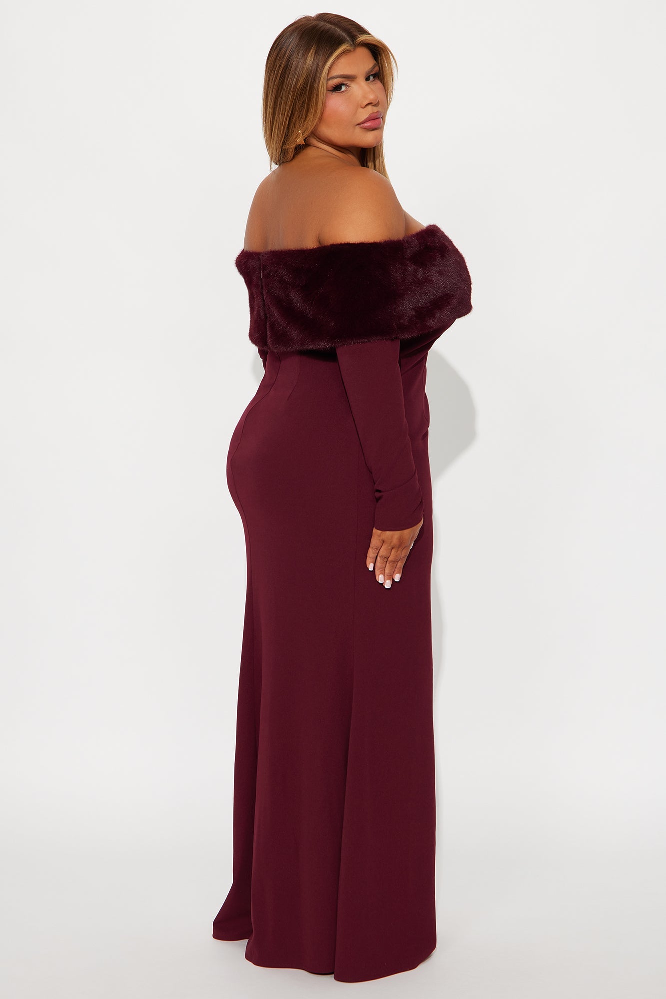 Erin Off Shoulder Fur Maxi Dress - Burgundy