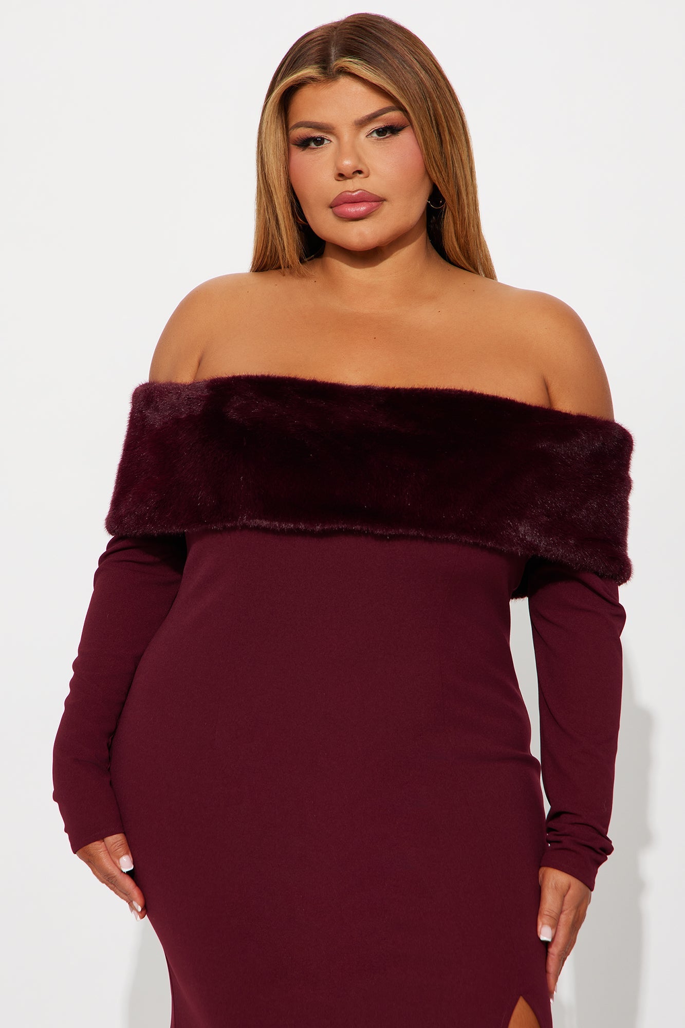 Erin Off Shoulder Fur Maxi Dress - Burgundy